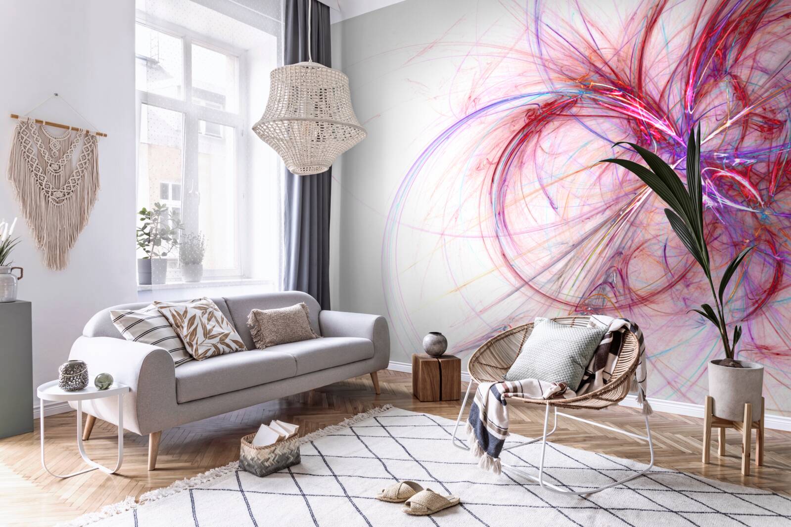 Fotobehang lijnen van rood en blauw op een witte achtergrond, dun en sierlijk