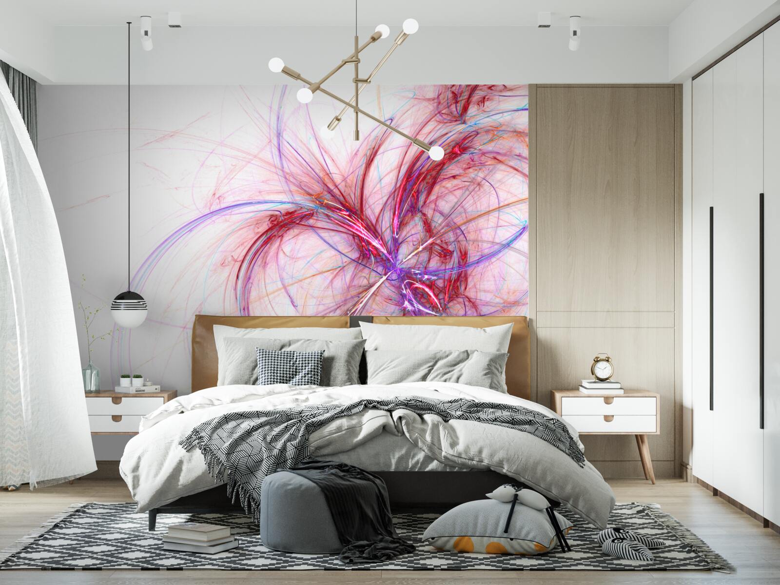 Fotobehang lijnen van rood en blauw op een witte achtergrond, dun en sierlijk