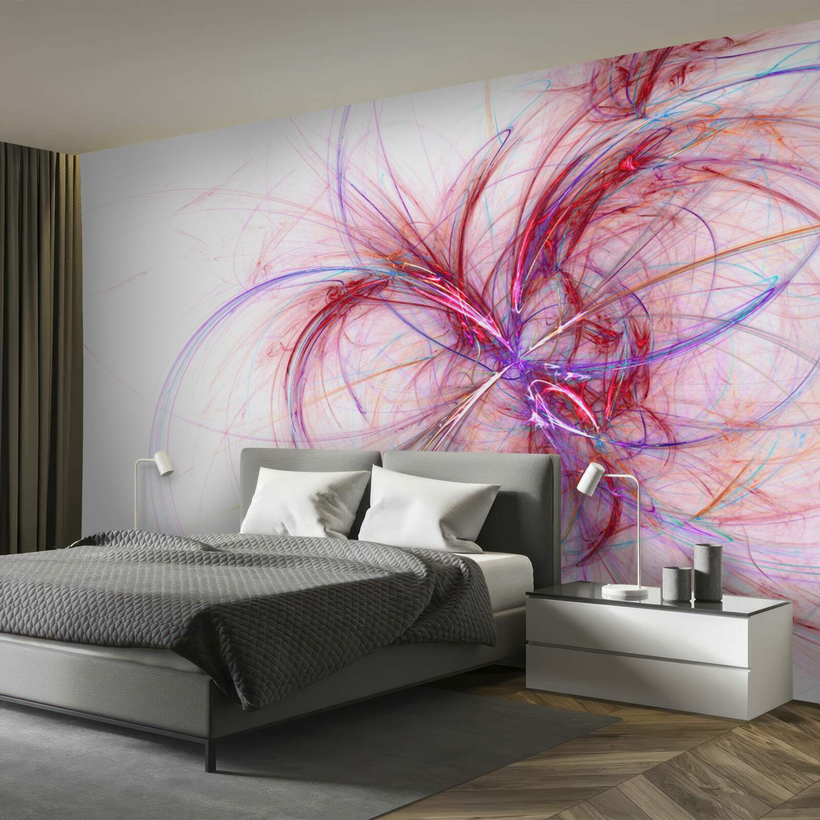 Fotobehang lijnen van rood en blauw op een witte achtergrond, dun en sierlijk