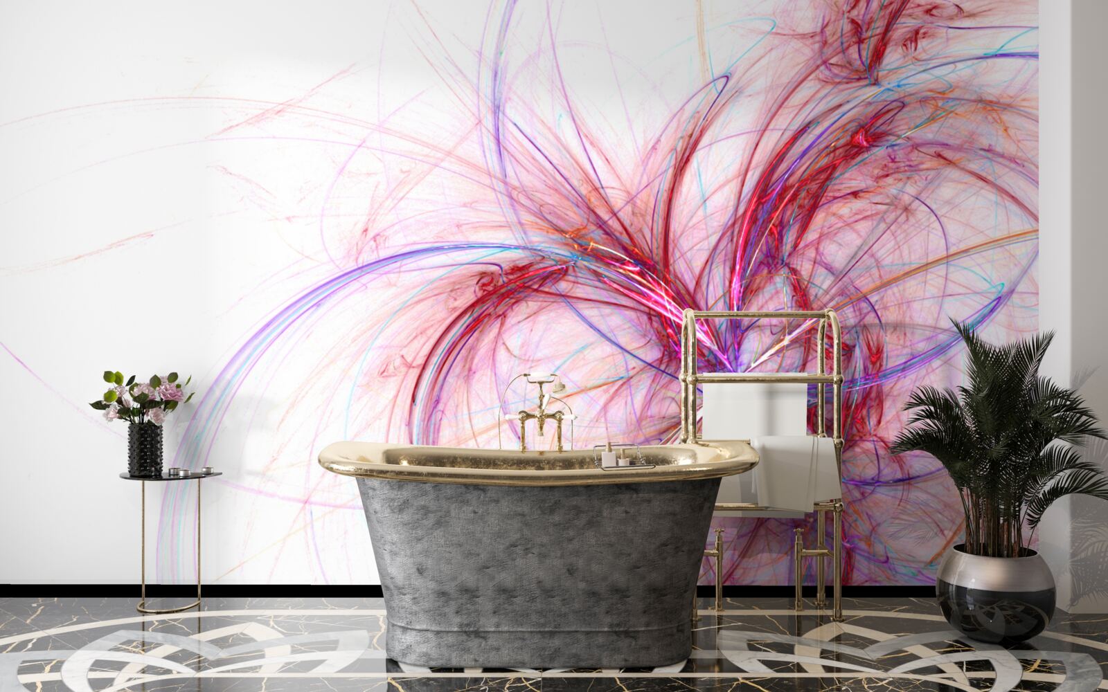 Fotobehang lijnen van rood en blauw op een witte achtergrond, dun en sierlijk