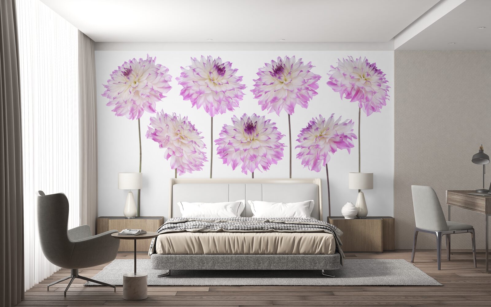 Fotobehang sierlijke witte en roze asters