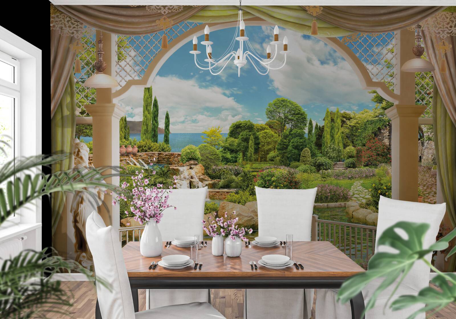 Fotobehang balkon met uitzicht op het schilderachtige groen van de natuur