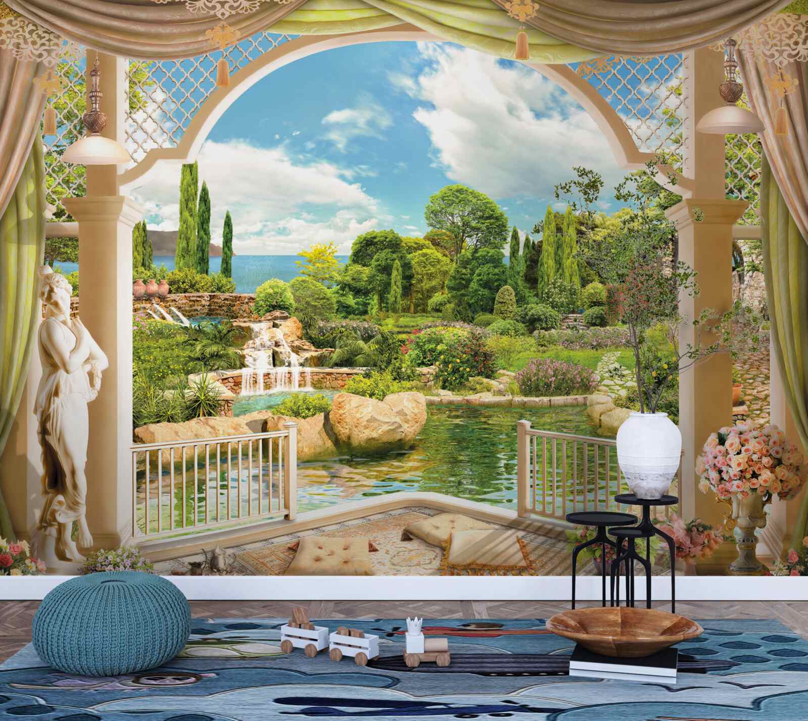 Fotobehang balkon met uitzicht op het schilderachtige groen van de natuur