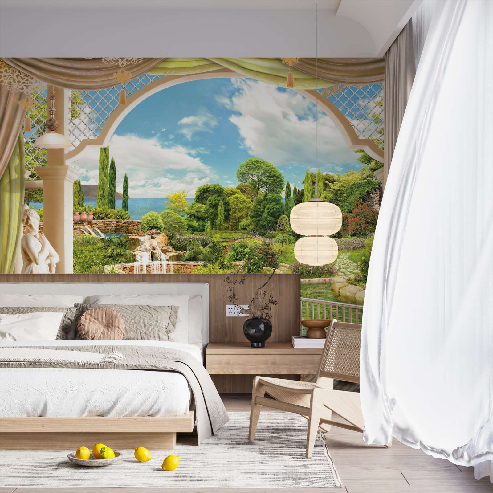 Fotobehang balkon met uitzicht op het schilderachtige groen van de natuur