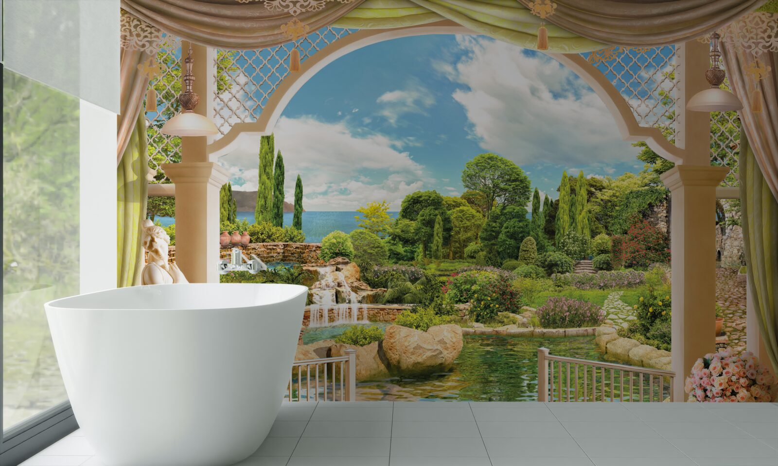 Fotobehang balkon met uitzicht op het schilderachtige groen van de natuur