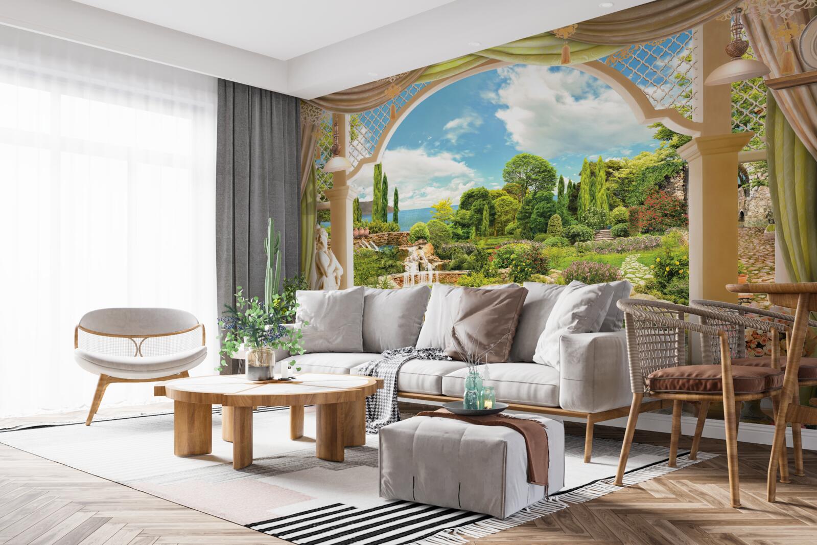 Fotobehang balkon met uitzicht op het schilderachtige groen van de natuur