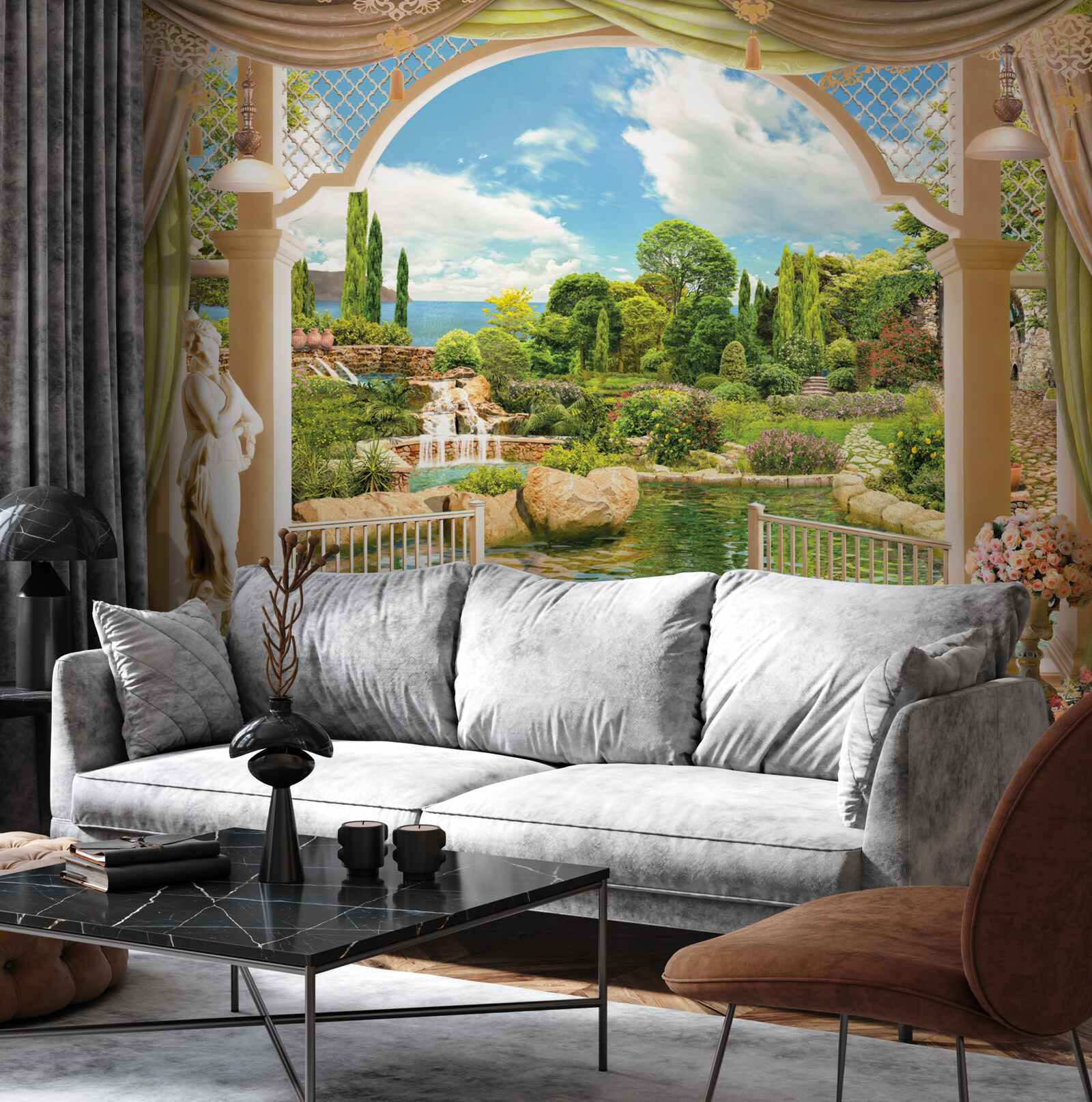 Fotobehang balkon met uitzicht op het schilderachtige groen van de natuur