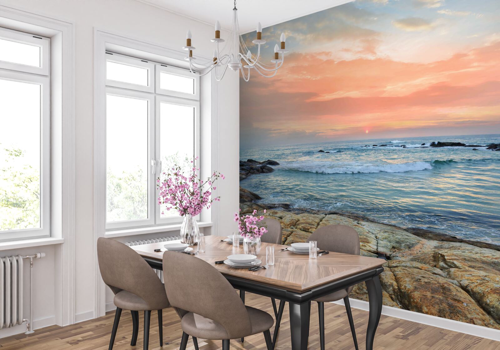 Fotobehang oceaan die zich uitstrekt tot de horizon en een roze zonsondergang