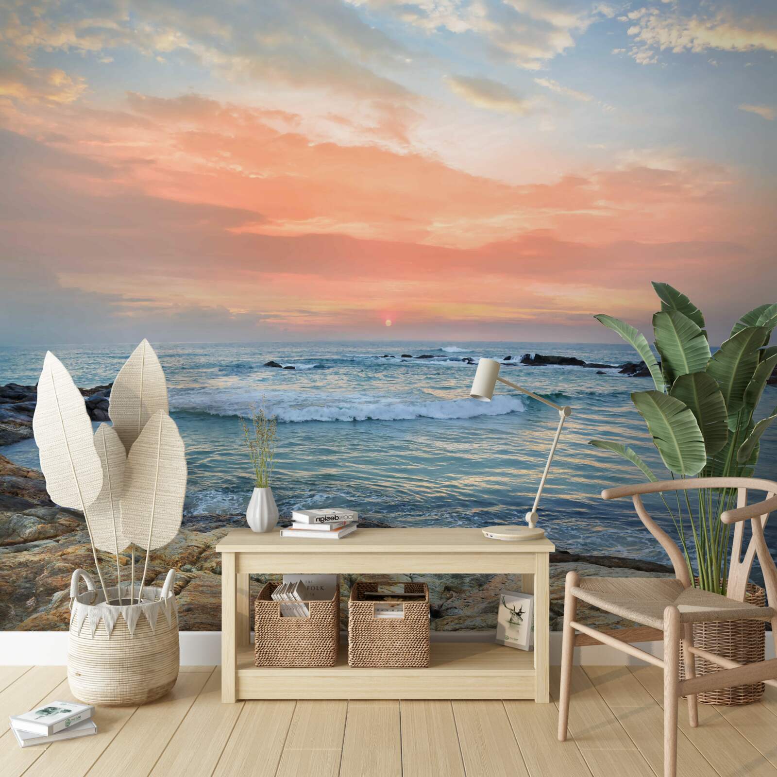 Fotobehang oceaan die zich uitstrekt tot de horizon en een roze zonsondergang