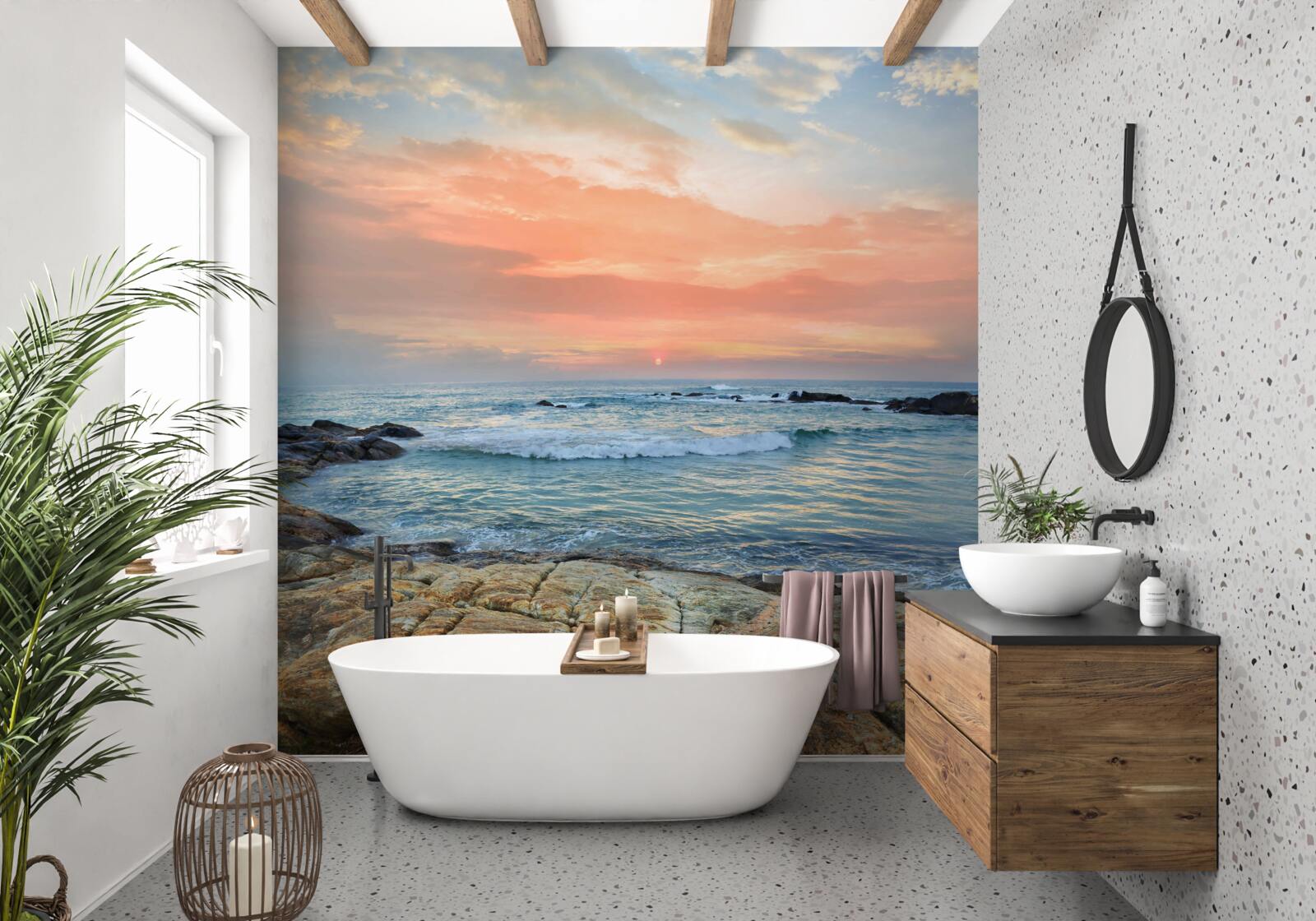 Fotobehang oceaan die zich uitstrekt tot de horizon en een roze zonsondergang