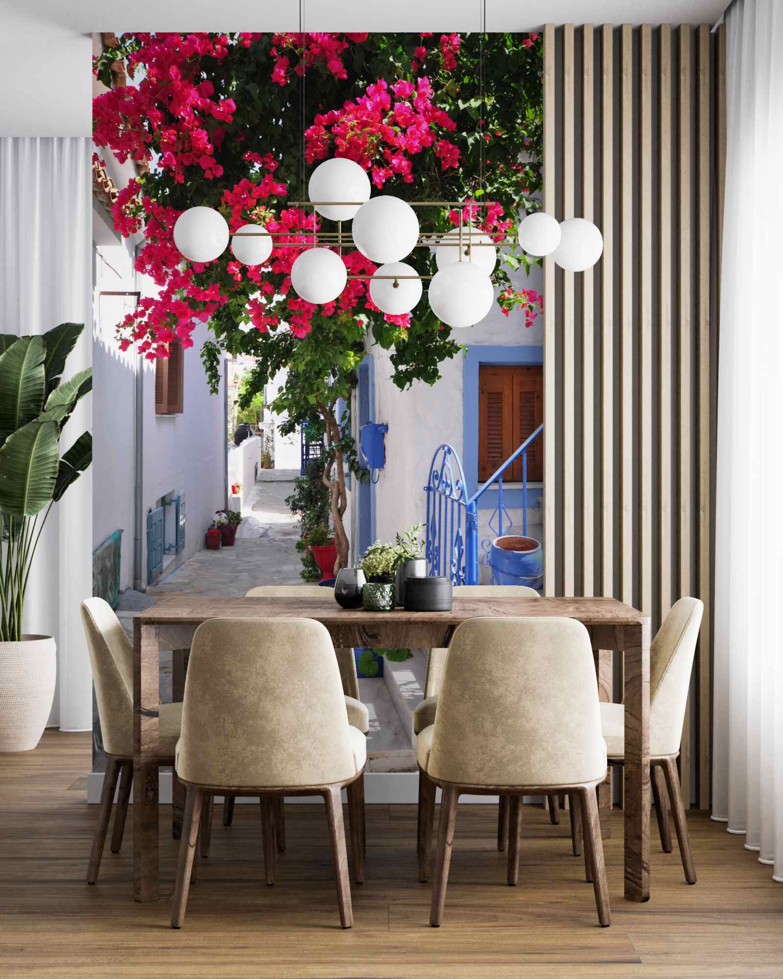 Fotobehang in griekenland groeien rode bloemen bij witte huizen