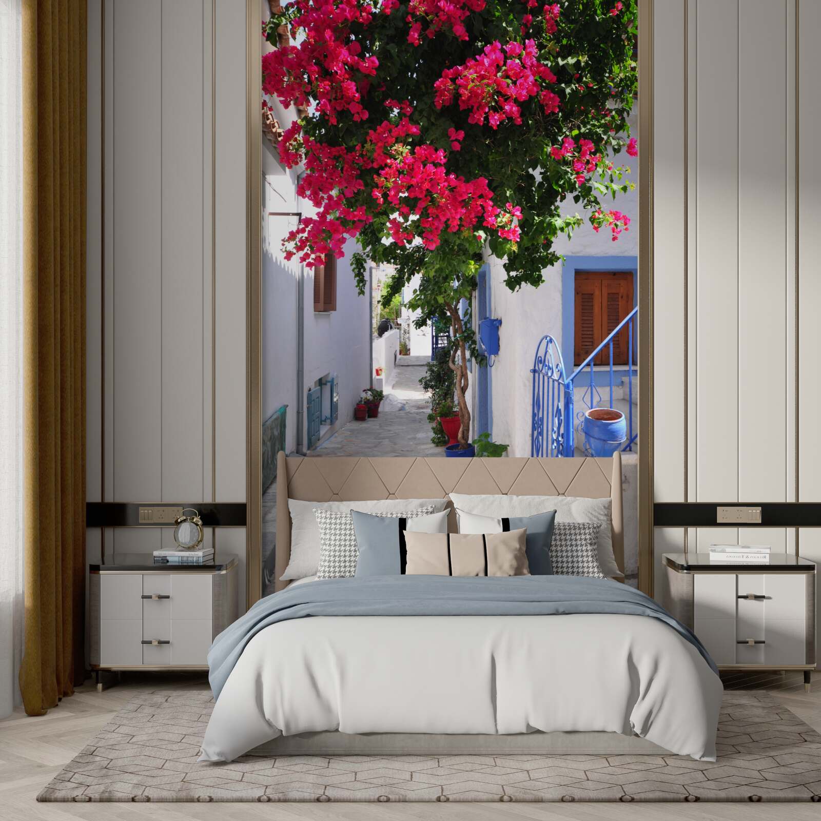 Fotobehang in griekenland groeien rode bloemen bij witte huizen