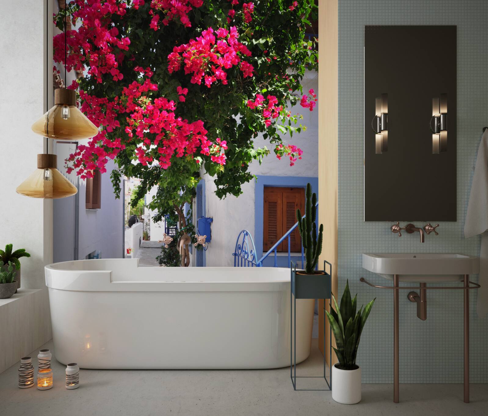 Fotobehang in griekenland groeien rode bloemen bij witte huizen