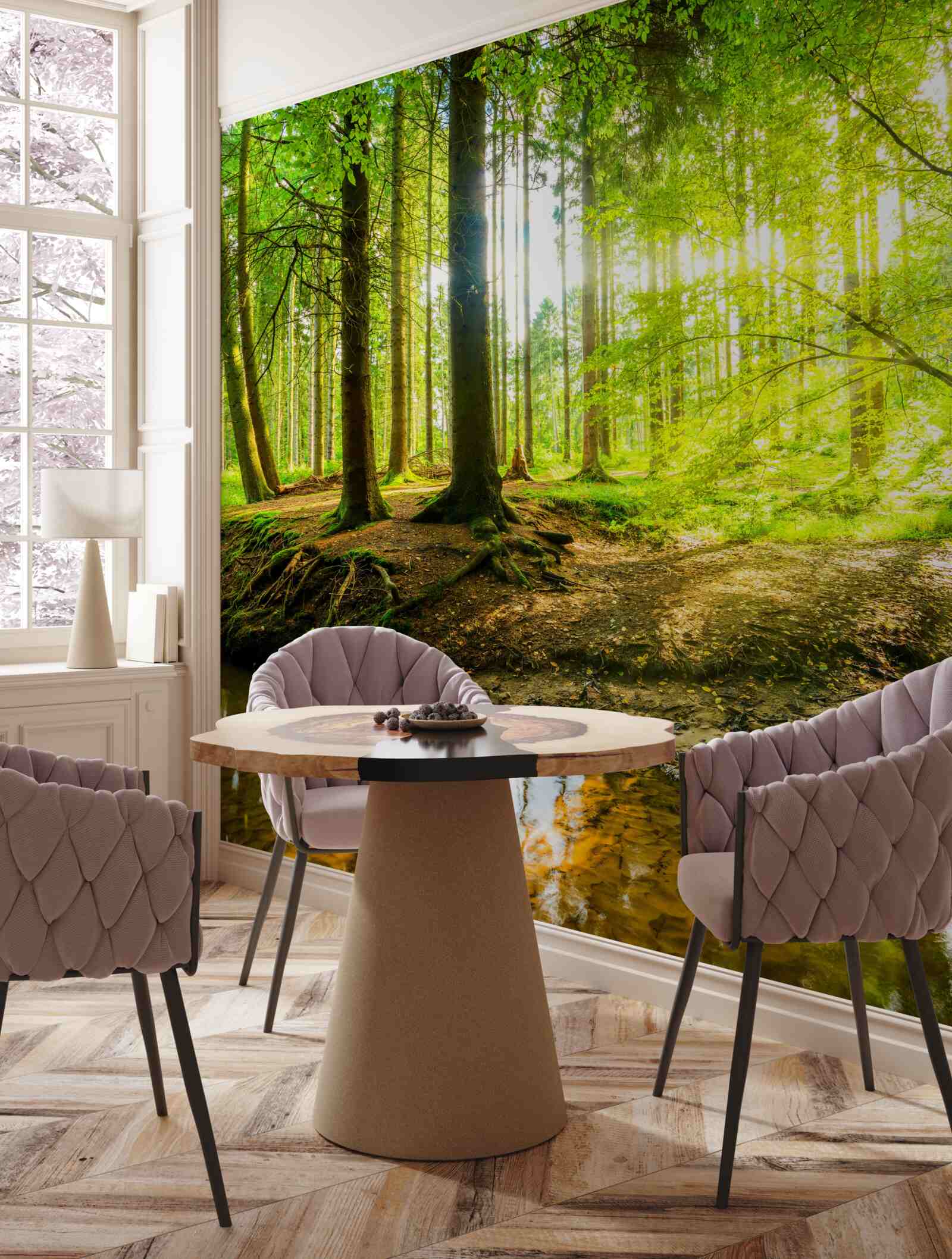 Fotobehang Zonnestralen wekken een slapend bos