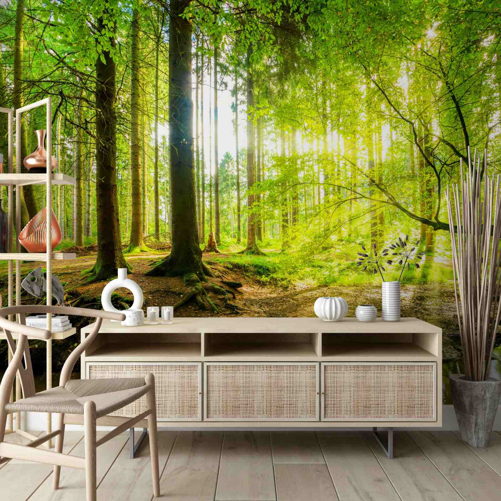 Fotobehang Zonnestralen wekken een slapend bos