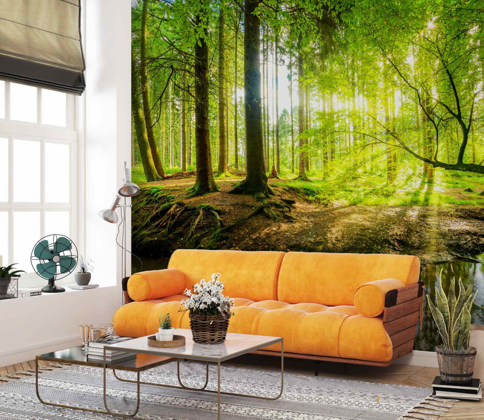 Fotobehang Zonnestralen wekken een slapend bos