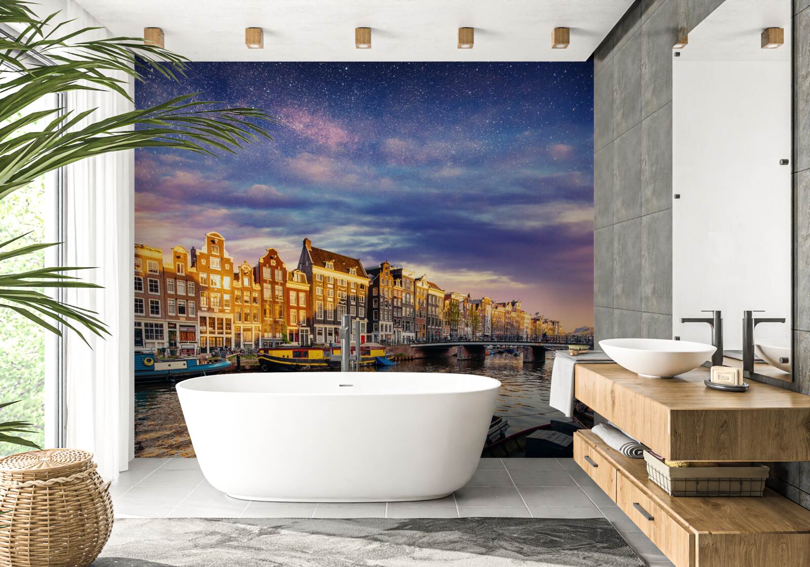 Fotobehang Licht wekt oude stad aan kust