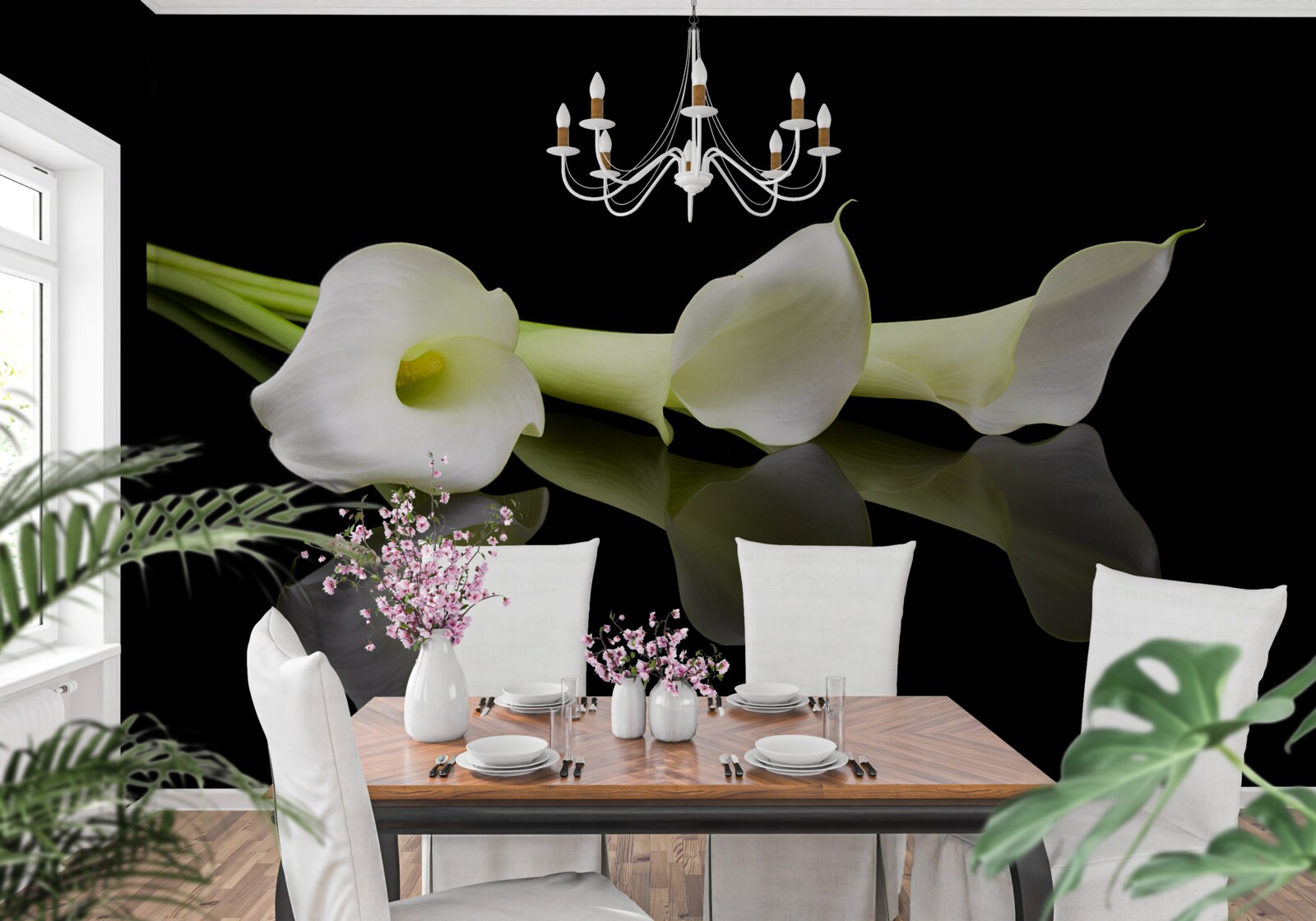 Fotobehang calla lelies weerspiegeld in water