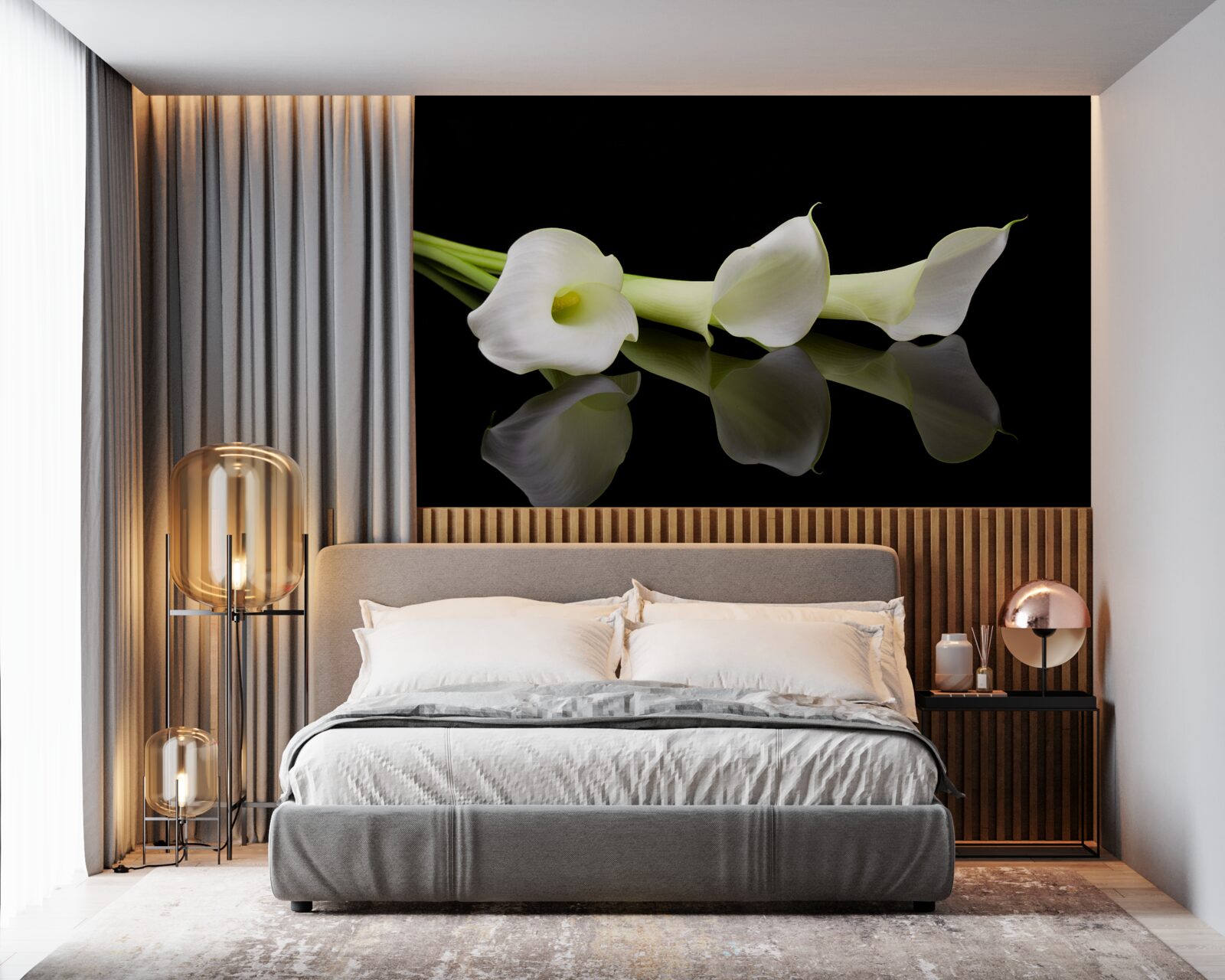 Fotobehang calla lelies weerspiegeld in water