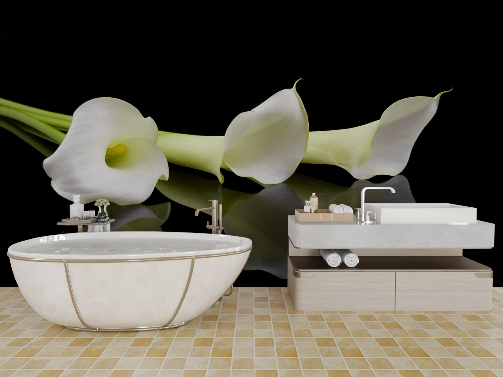 Fotobehang calla lelies weerspiegeld in water