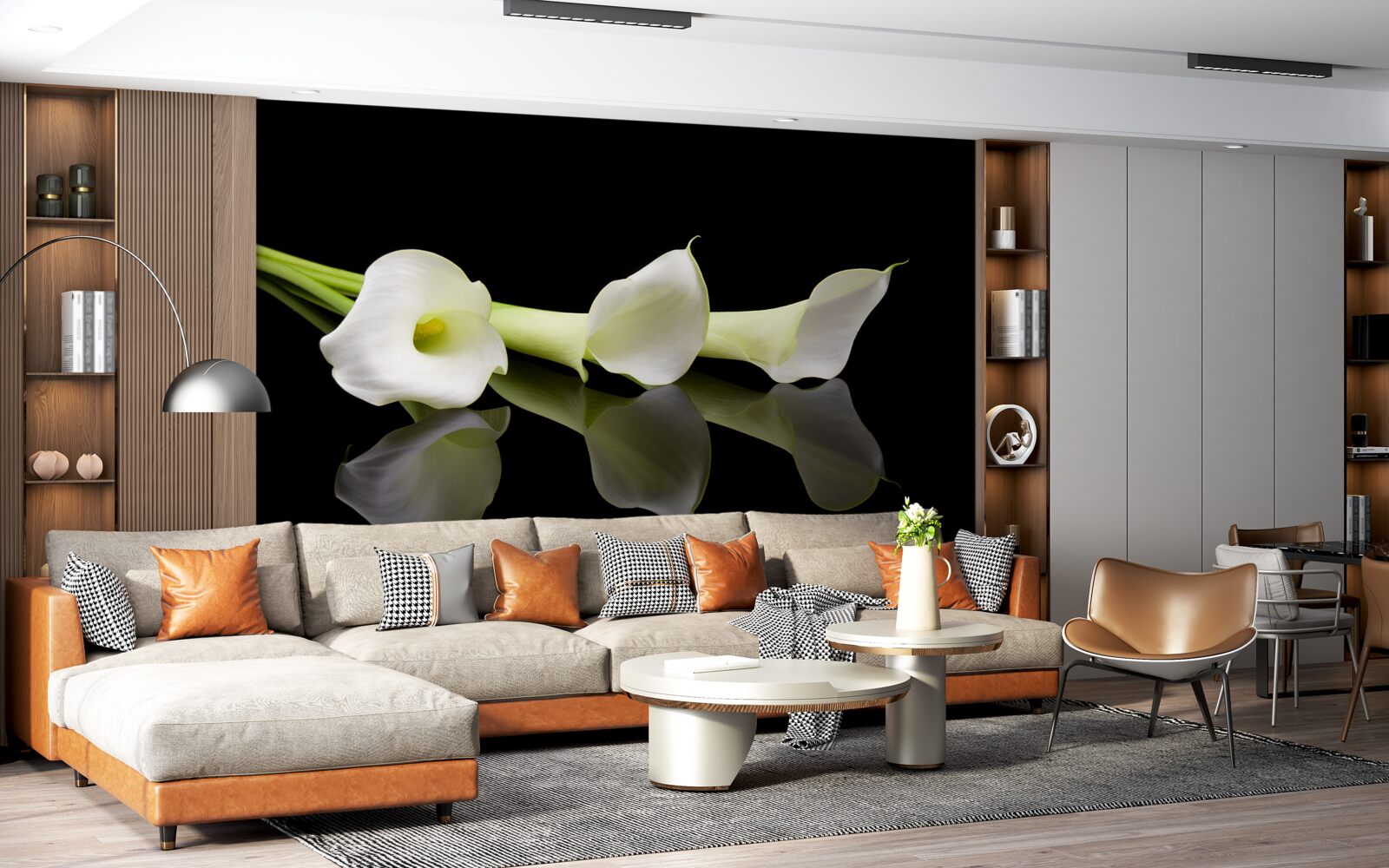 Fotobehang calla lelies weerspiegeld in water