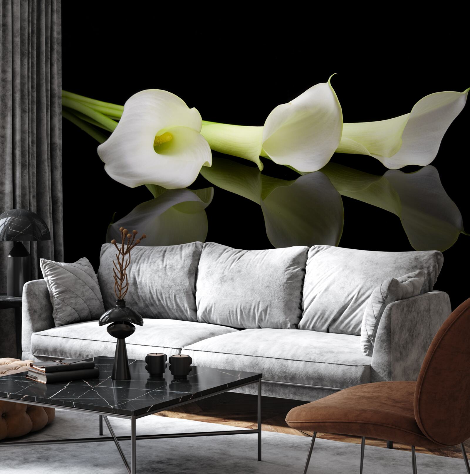 Fotobehang calla lelies weerspiegeld in water