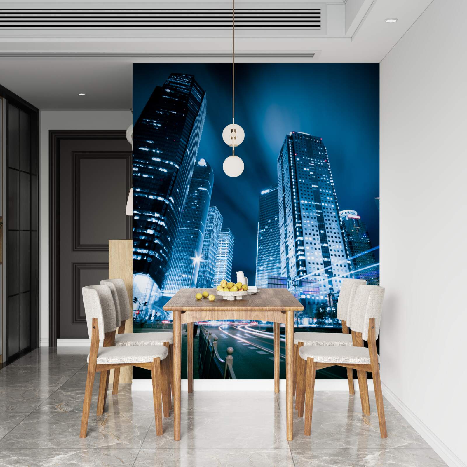 Fotobehang de wolkenkrabbers van de stad worden verlicht met gekleurde lampjes