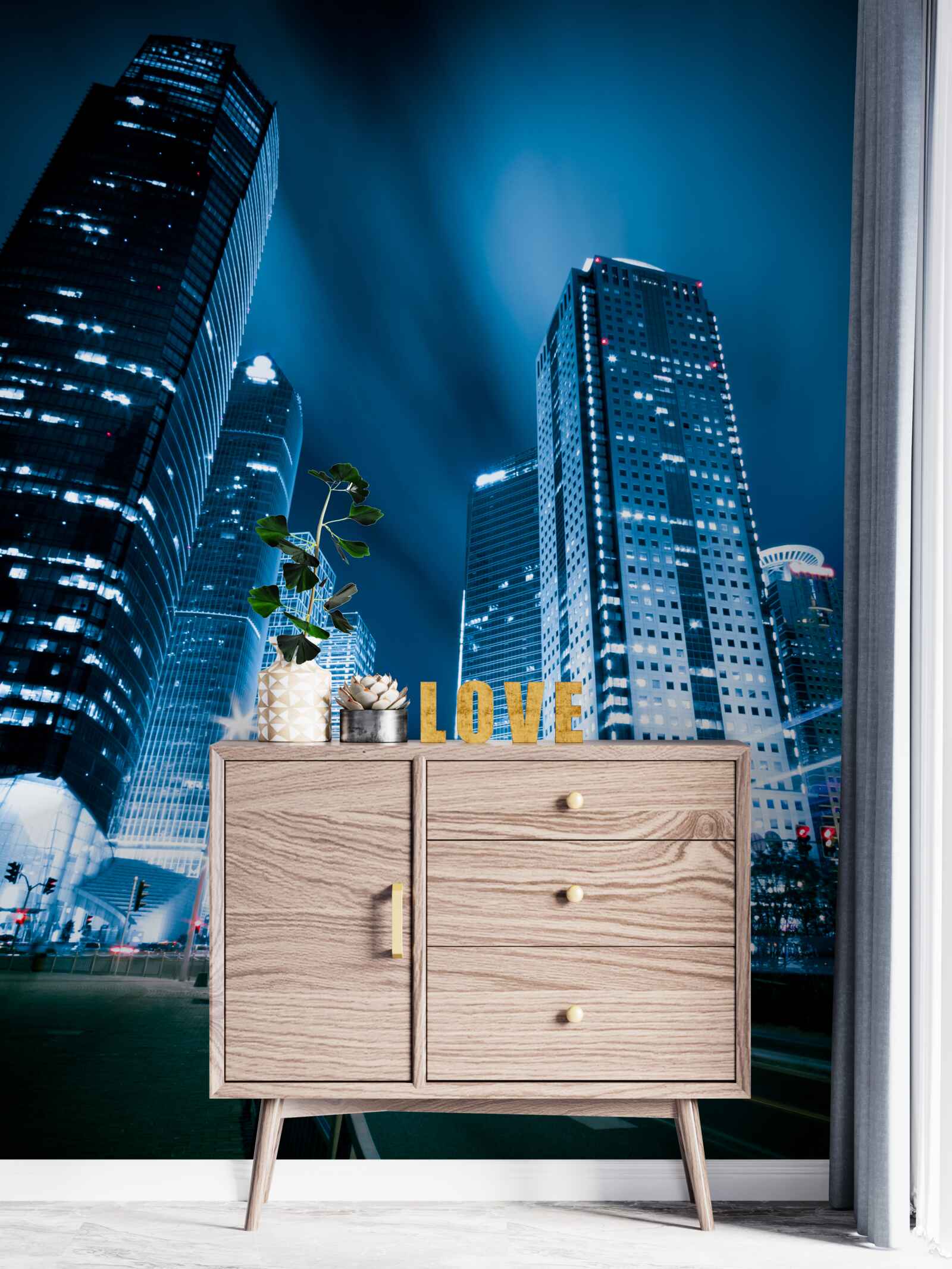 Fotobehang de wolkenkrabbers van de stad worden verlicht met gekleurde lampjes