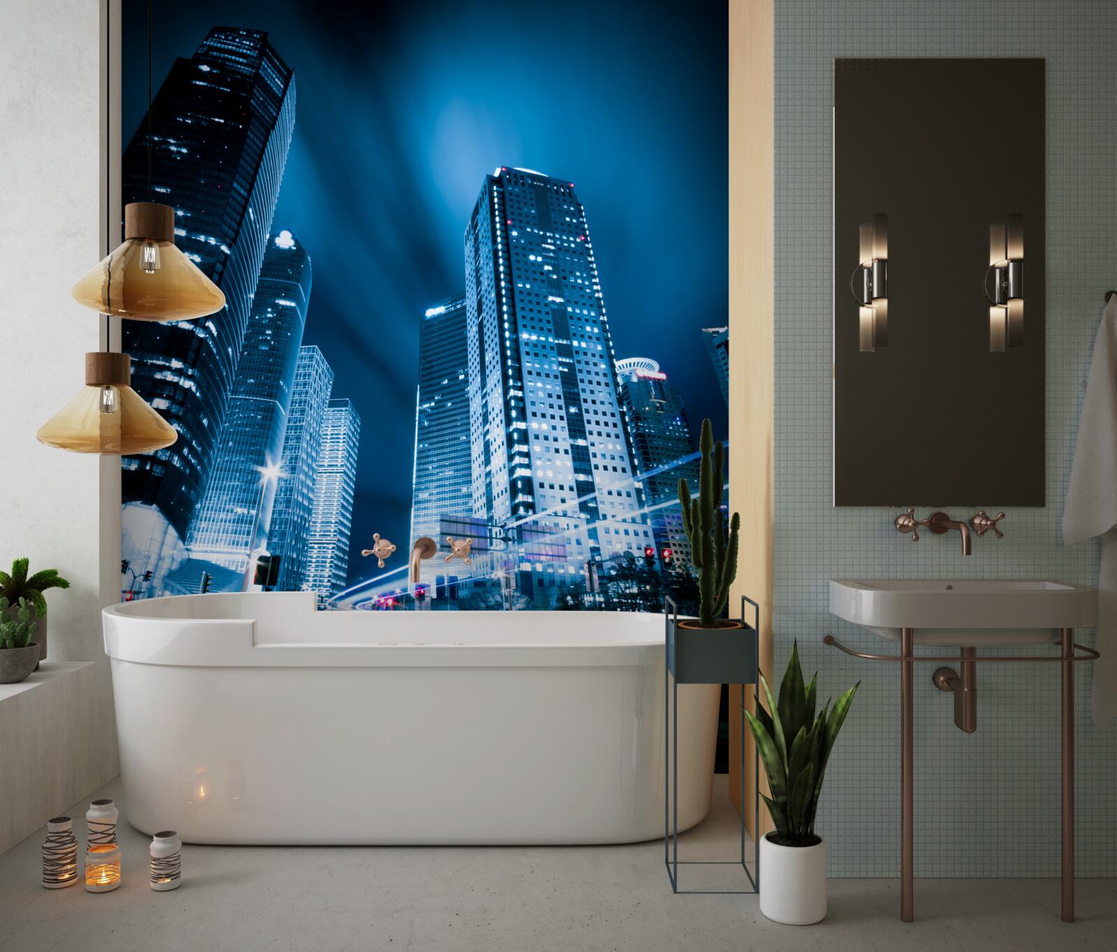 Fotobehang de wolkenkrabbers van de stad worden verlicht met gekleurde lampjes