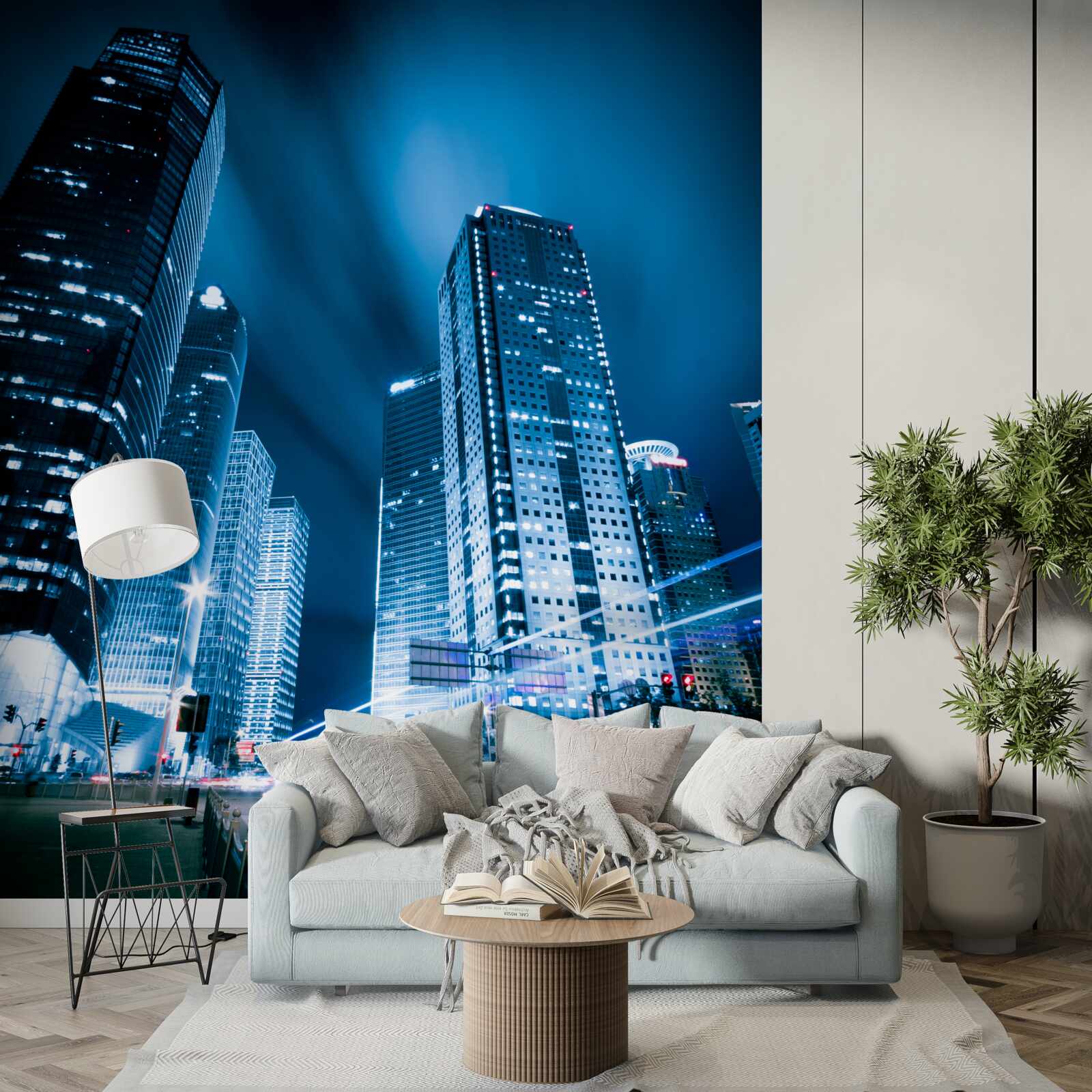 Fotobehang de wolkenkrabbers van de stad worden verlicht met gekleurde lampjes