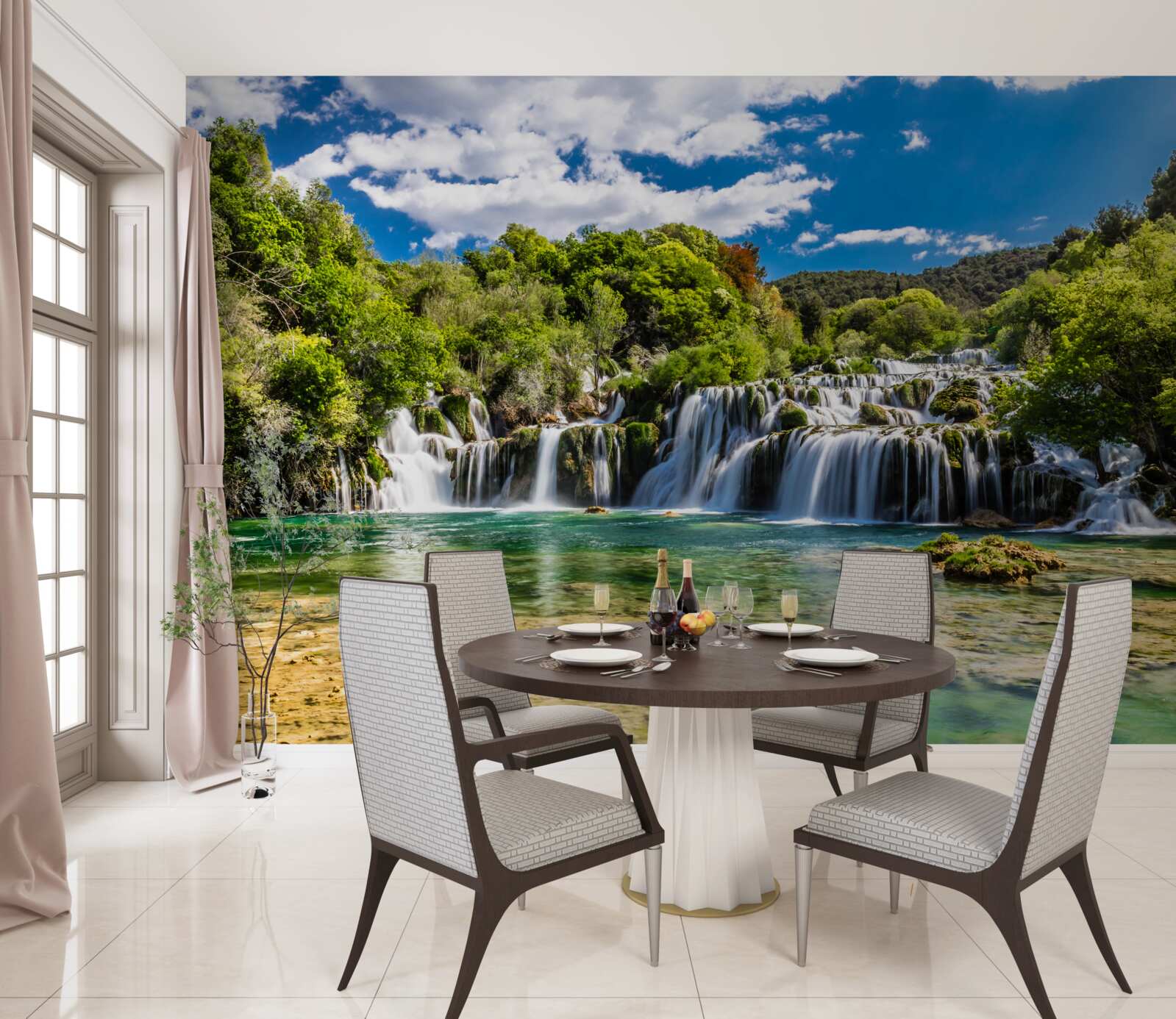 Fotobehang waterval in verschillende cascades met groene zones