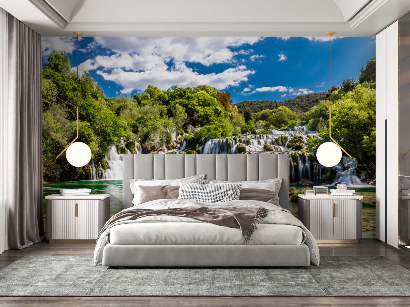 Fotobehang waterval in verschillende cascades met groene zones