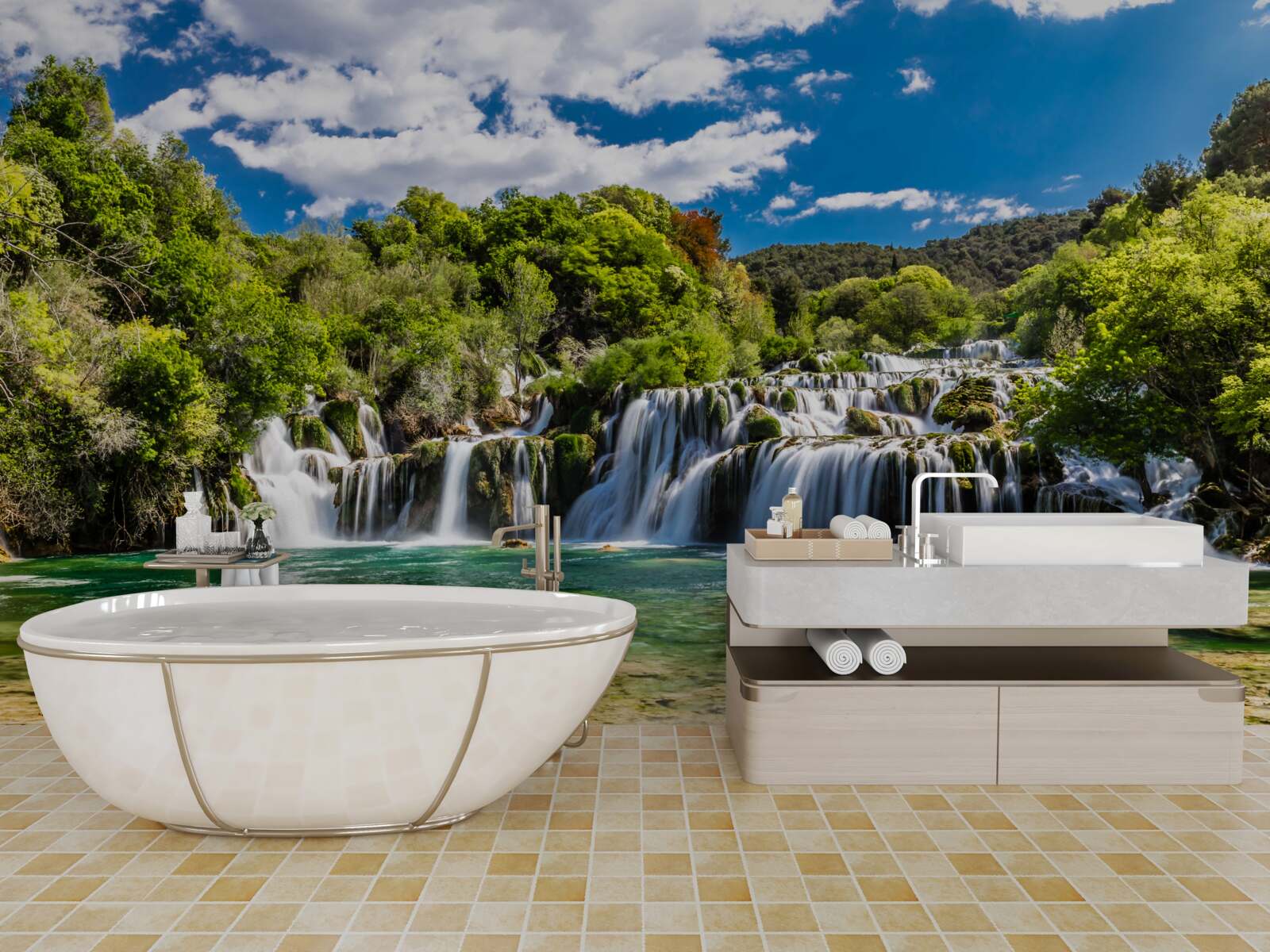 Fotobehang waterval in verschillende cascades met groene zones