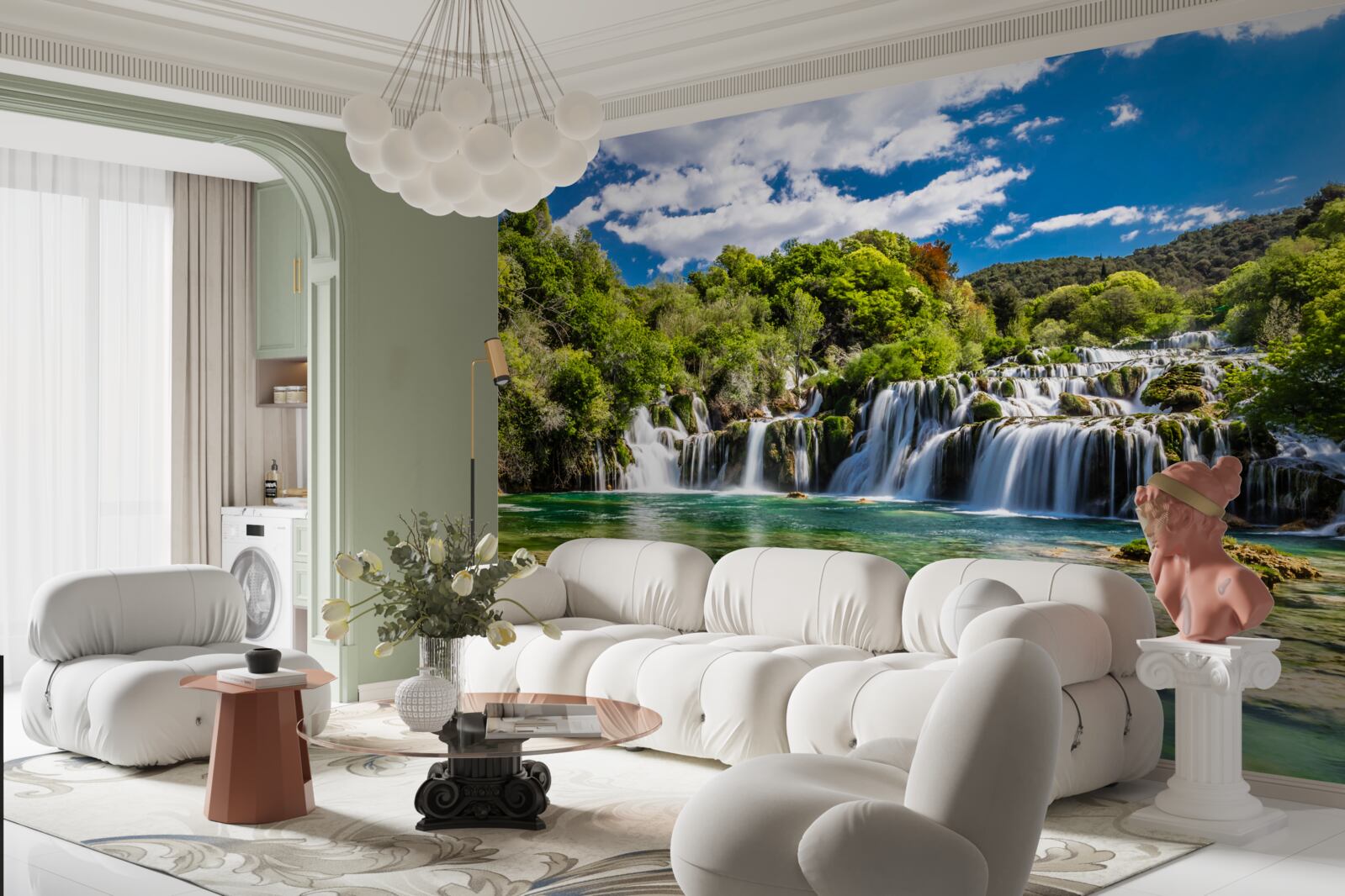 Fotobehang waterval in verschillende cascades met groene zones