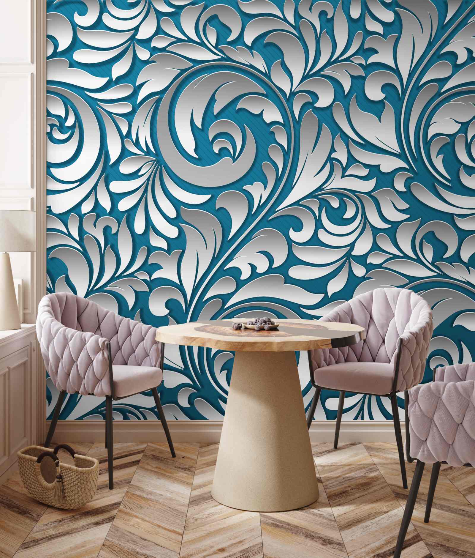 Fotobehang structuur met patroon in witte en blauwe tinten