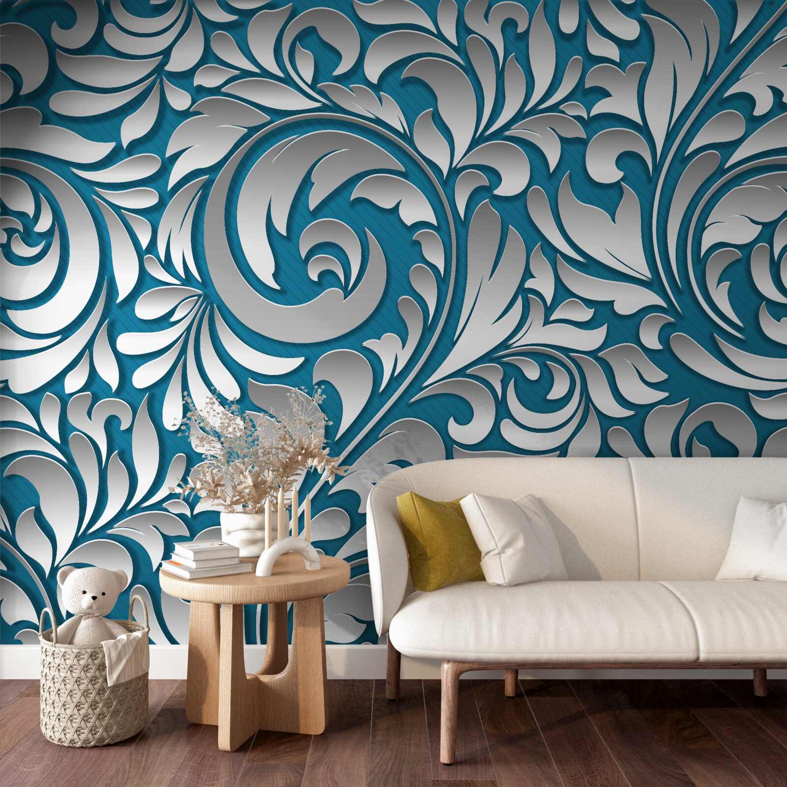 Fotobehang structuur met patroon in witte en blauwe tinten