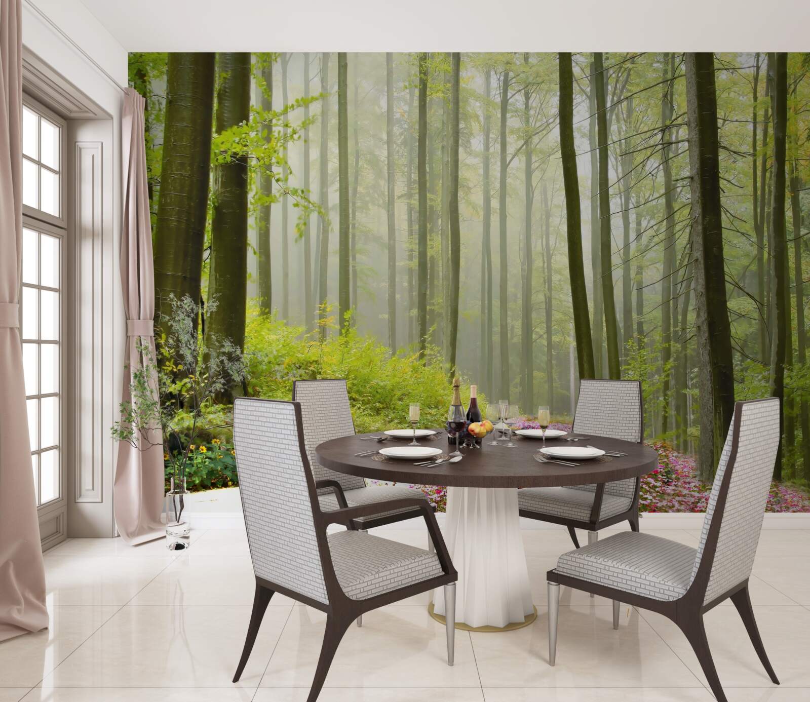 Fotobehang een beetje mist in een sierlijk bos