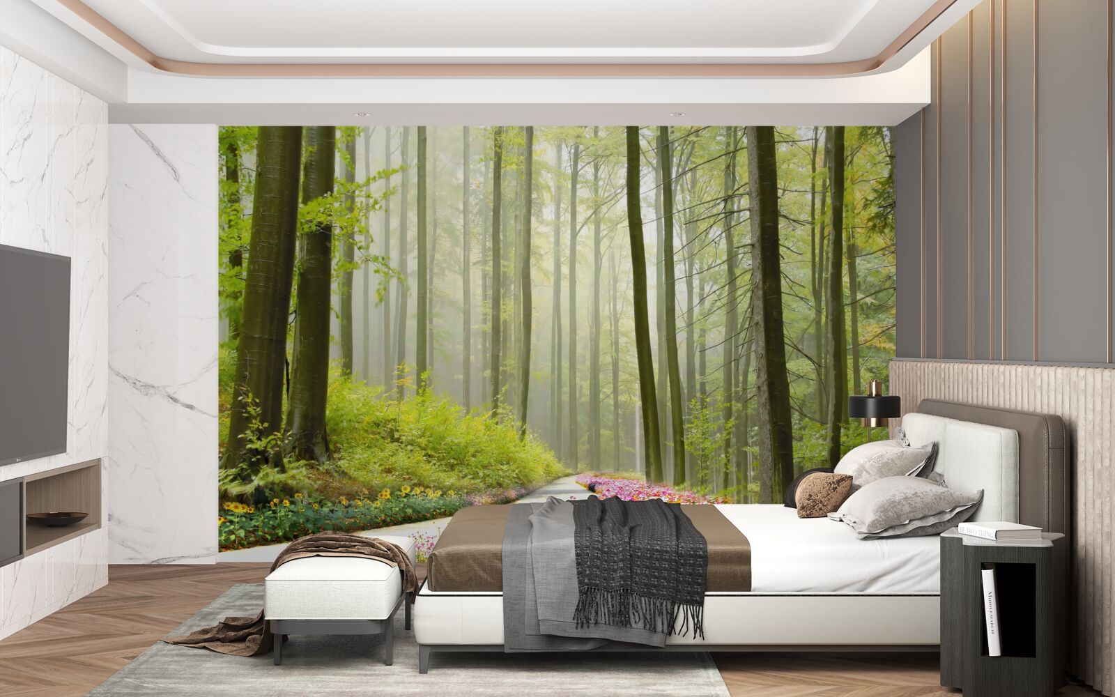 Fotobehang een beetje mist in een sierlijk bos