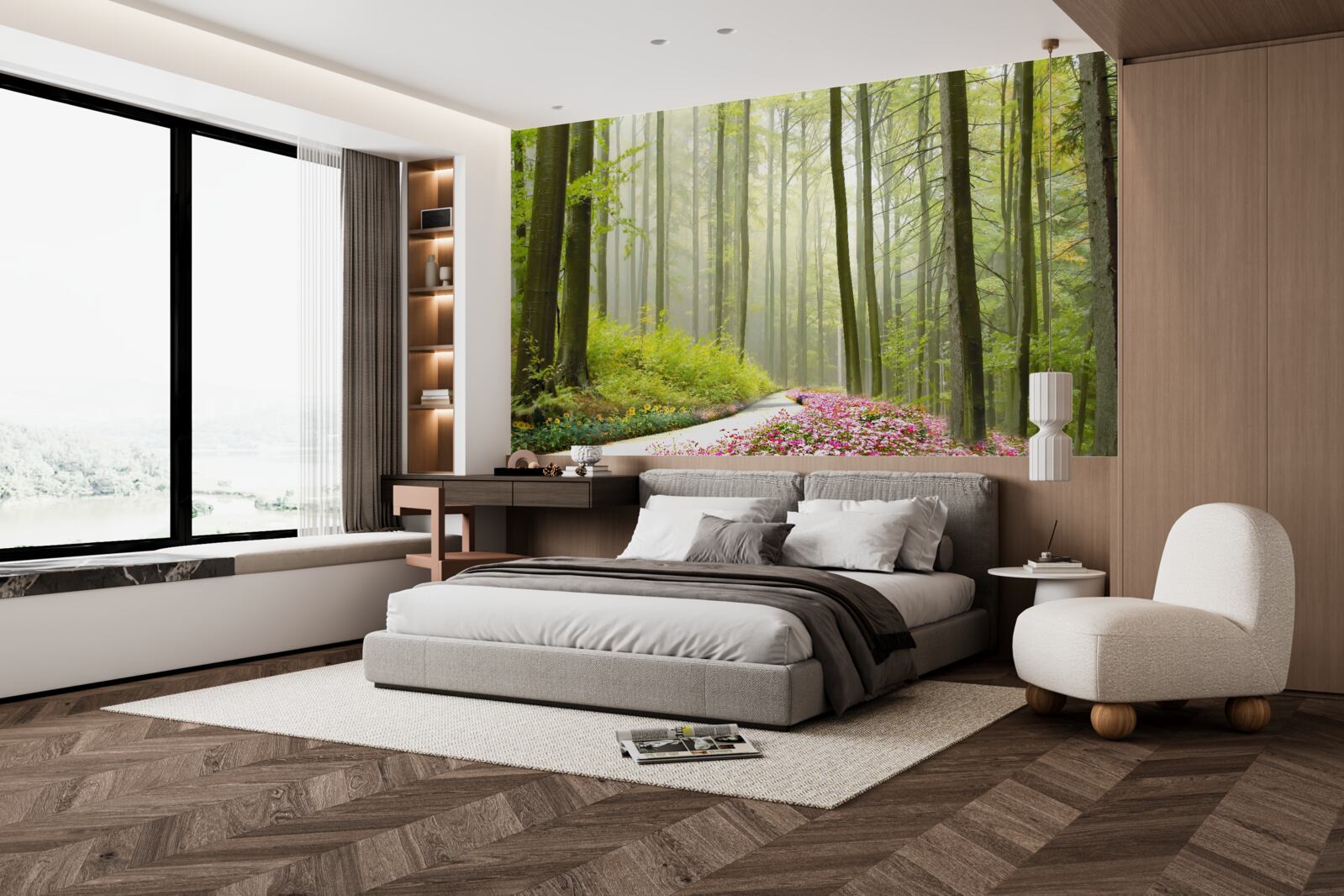 Fotobehang een beetje mist in een sierlijk bos