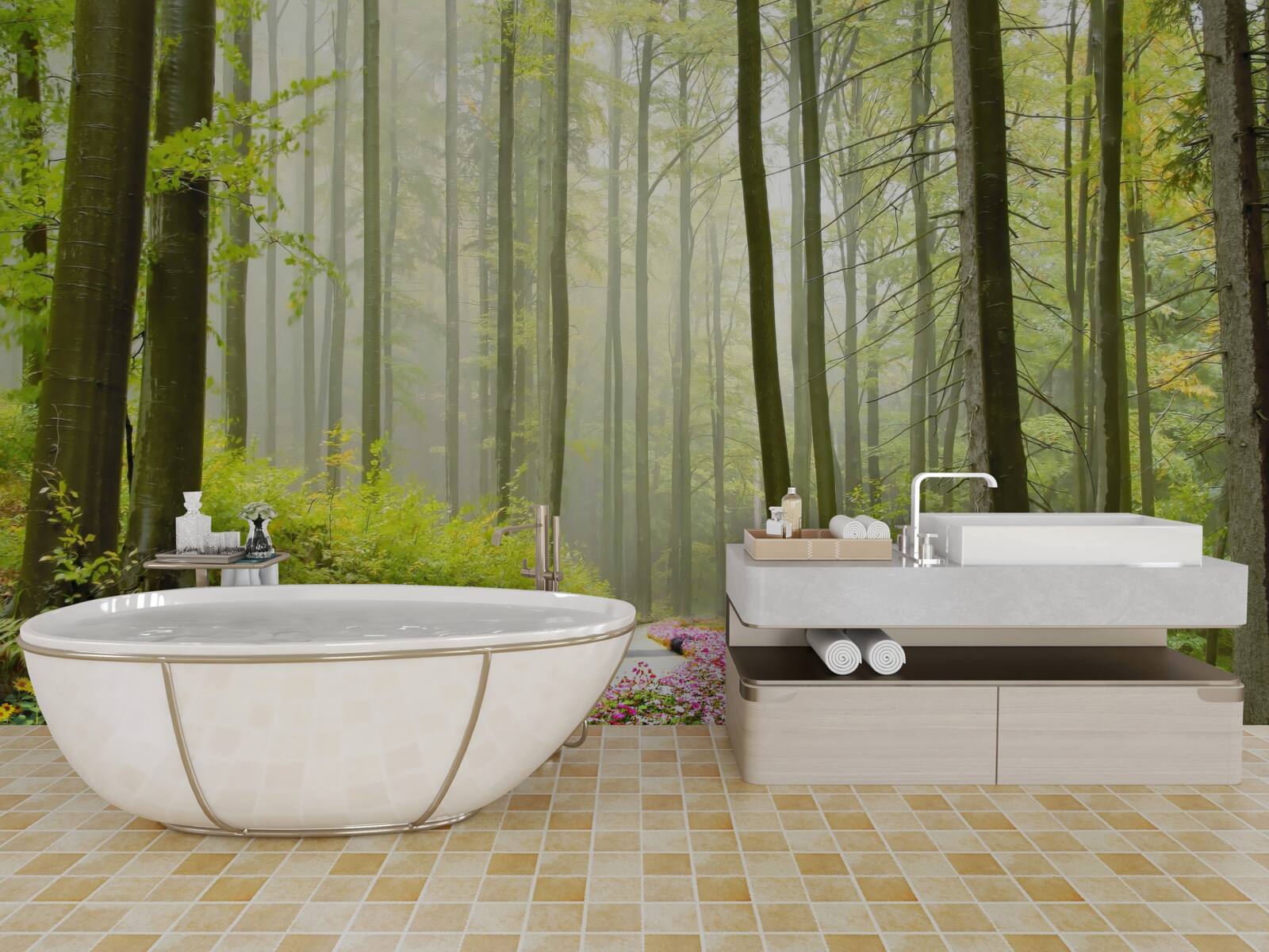 Fotobehang een beetje mist in een sierlijk bos