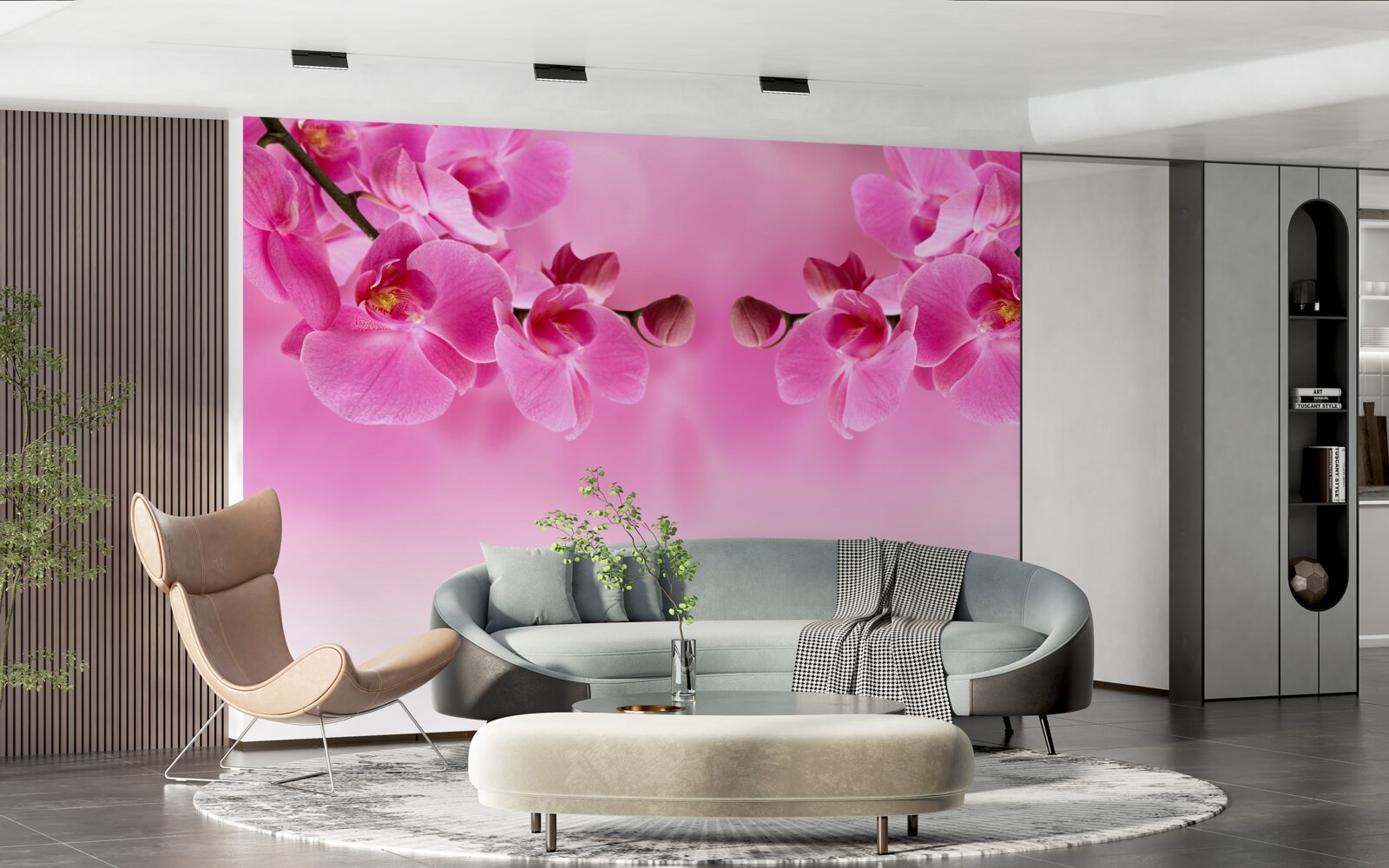 Fotobehang roze orchideeëntakken op lichte achtergrond
