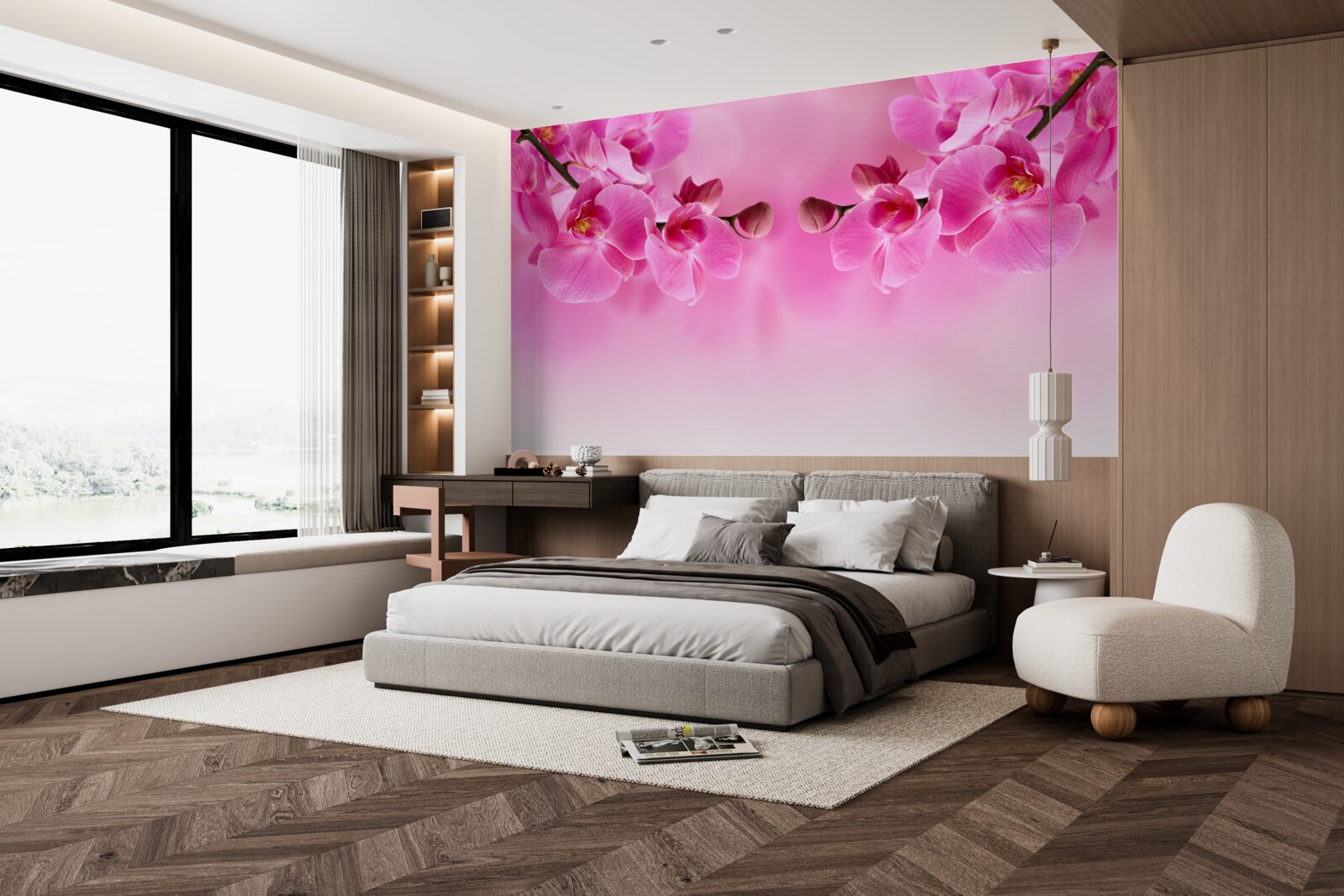 Fotobehang roze orchideeëntakken op lichte achtergrond