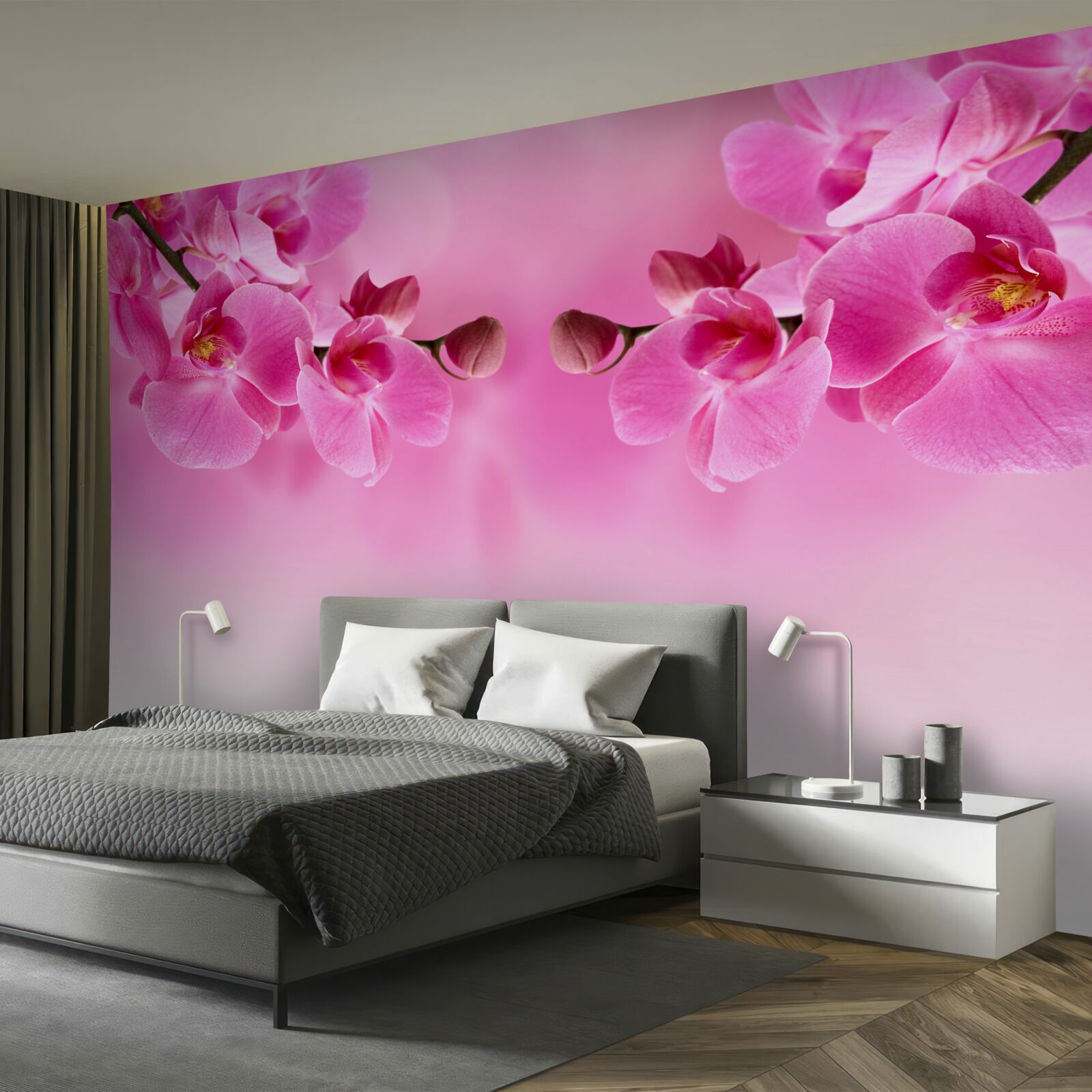 Fotobehang roze orchideeëntakken op lichte achtergrond