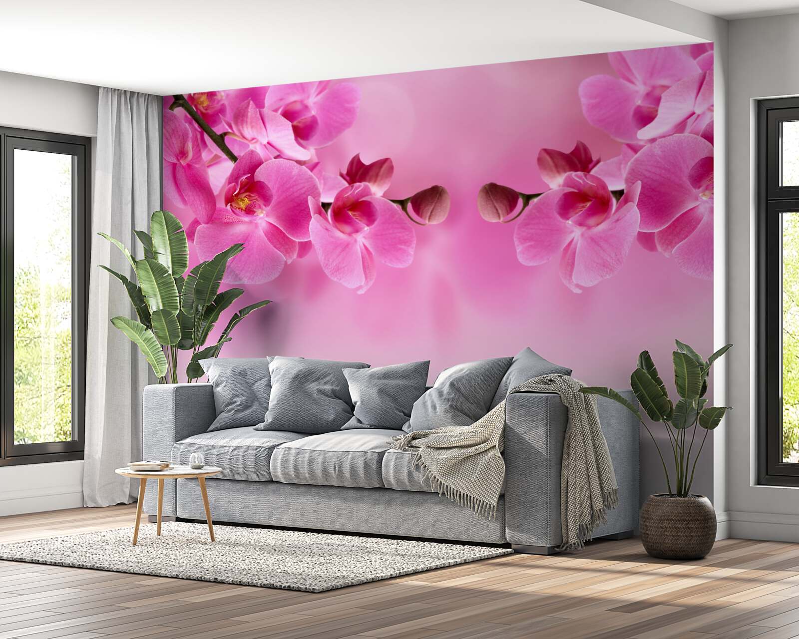 Fotobehang roze orchideeëntakken op lichte achtergrond