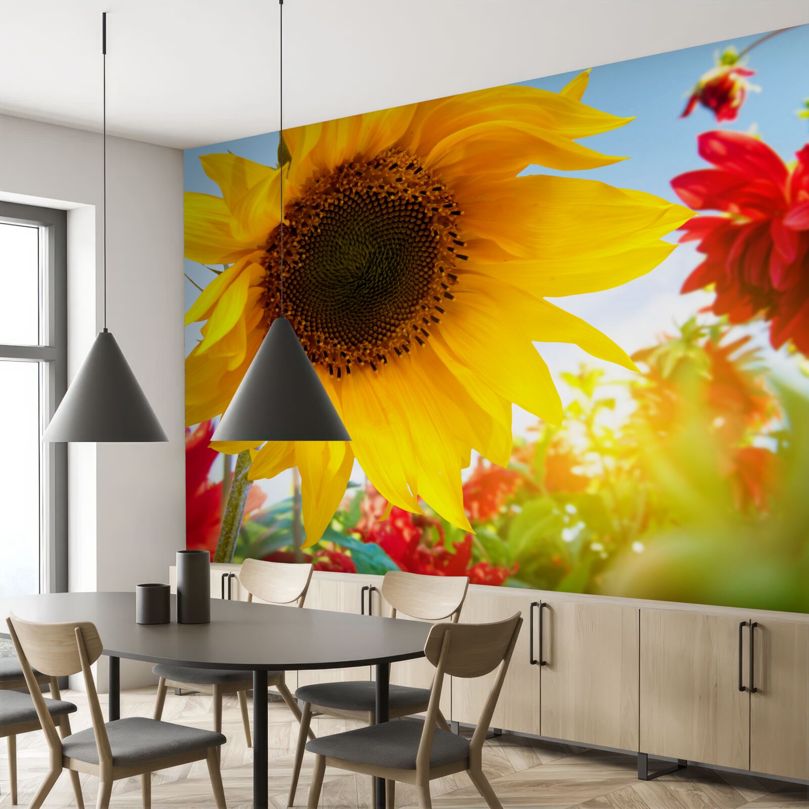 Fotobehang een zonnige zonnebloem op een zonnige dag