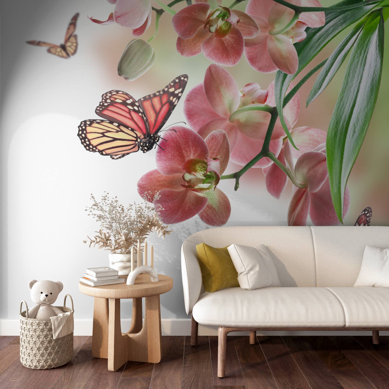 Fotobehang vlinders vliegen over bloeiende bloemknoppen