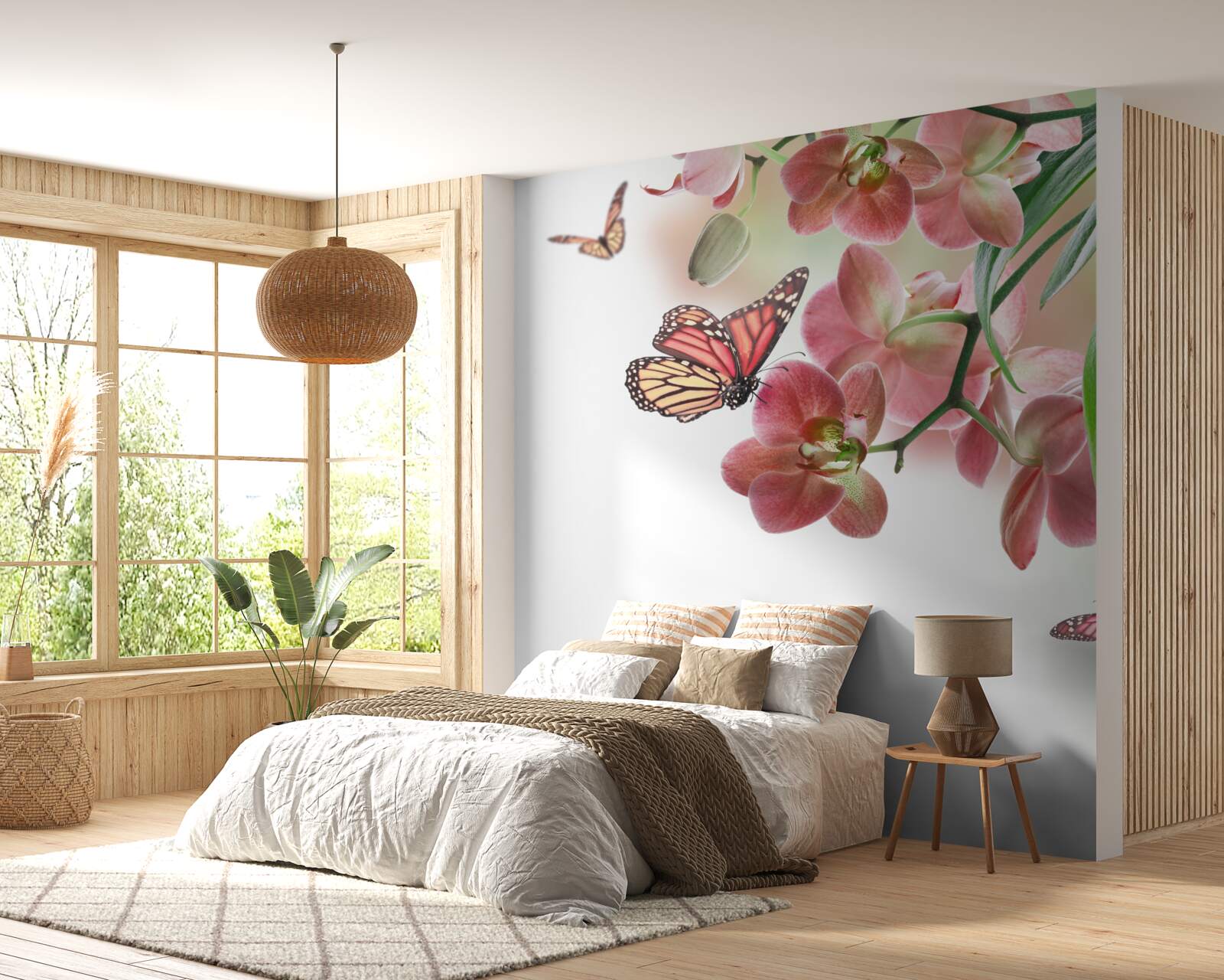 Fotobehang vlinders vliegen over bloeiende bloemknoppen