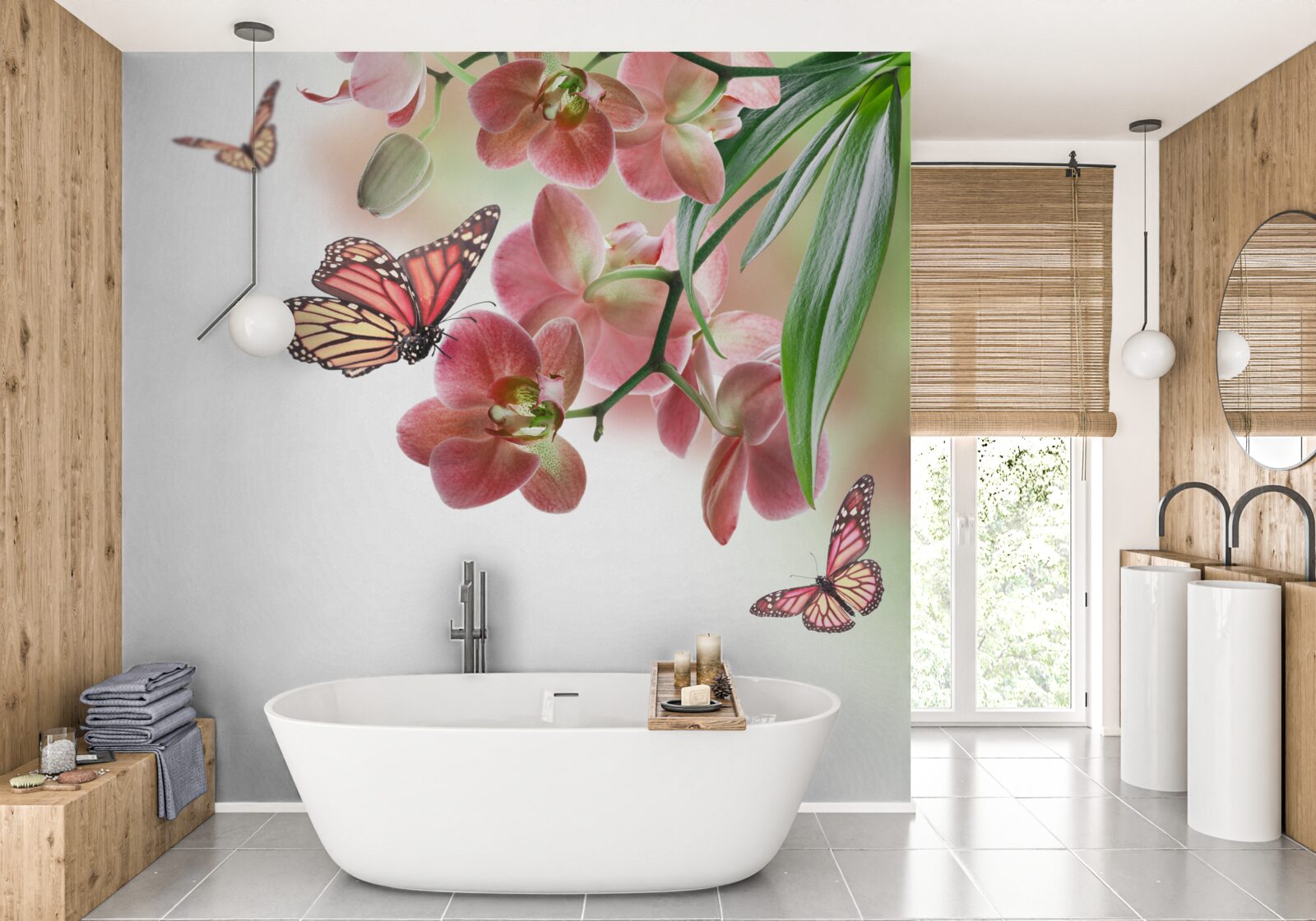 Fotobehang vlinders vliegen over bloeiende bloemknoppen