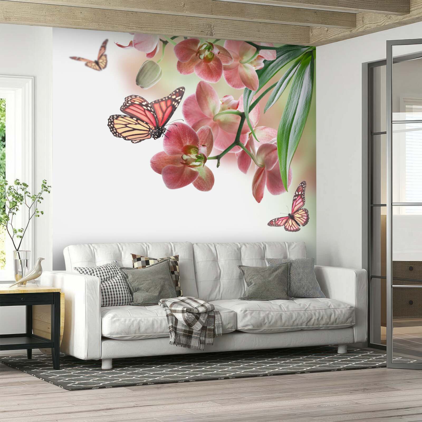 Fotobehang vlinders vliegen over bloeiende bloemknoppen