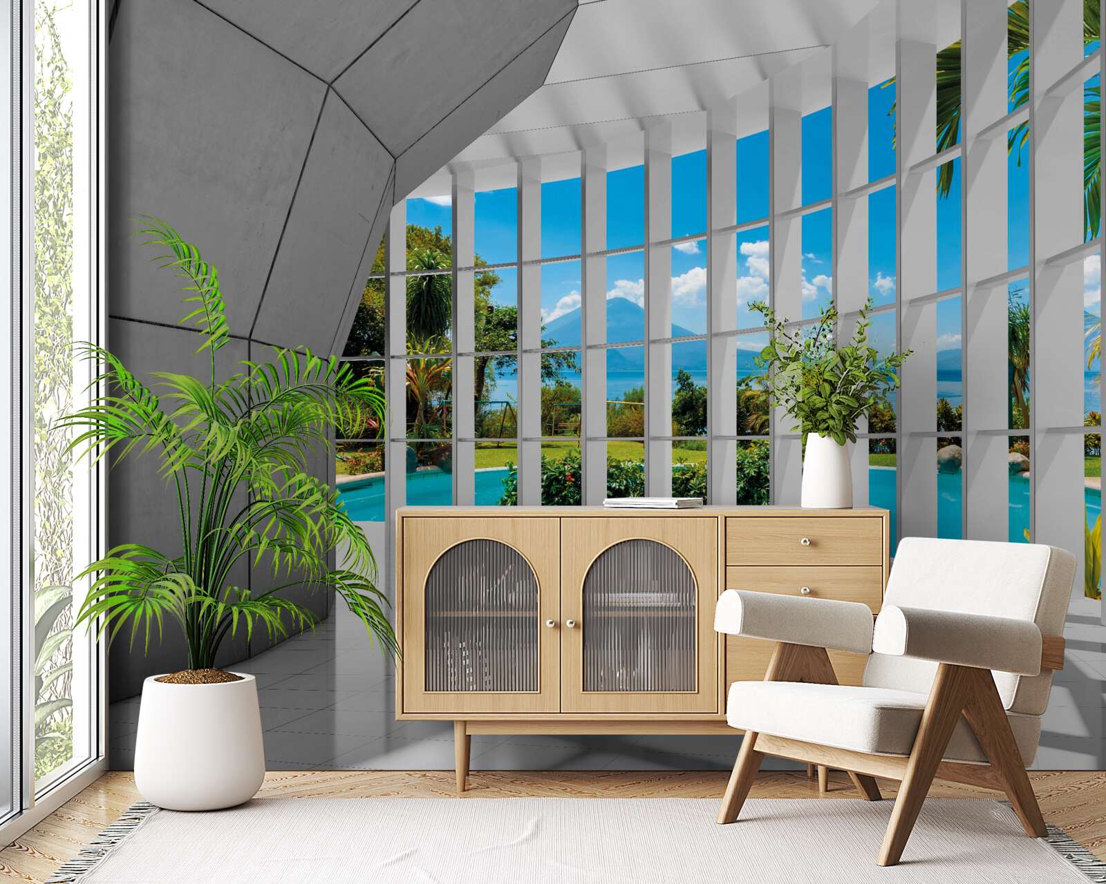 Fotobehang moderne stijl in de gang, waardoor een gevoel van perspectief ontstaat